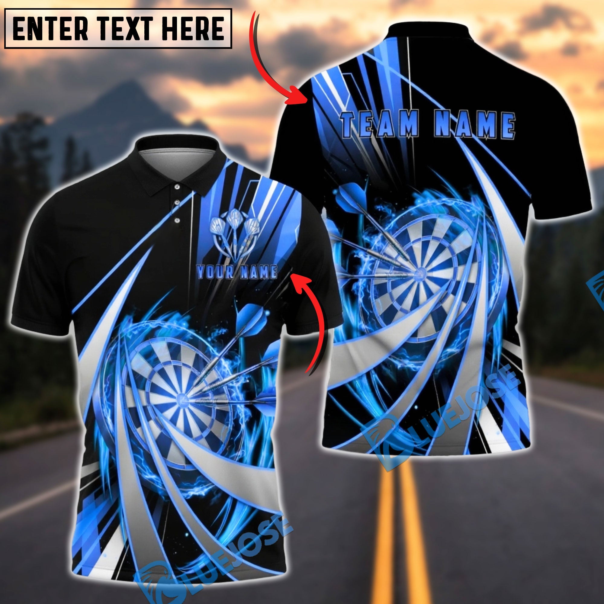 BlueJose Darts Flame Swirl Tornado Multicolor Options Personalized Name Shirt (4 Colors)