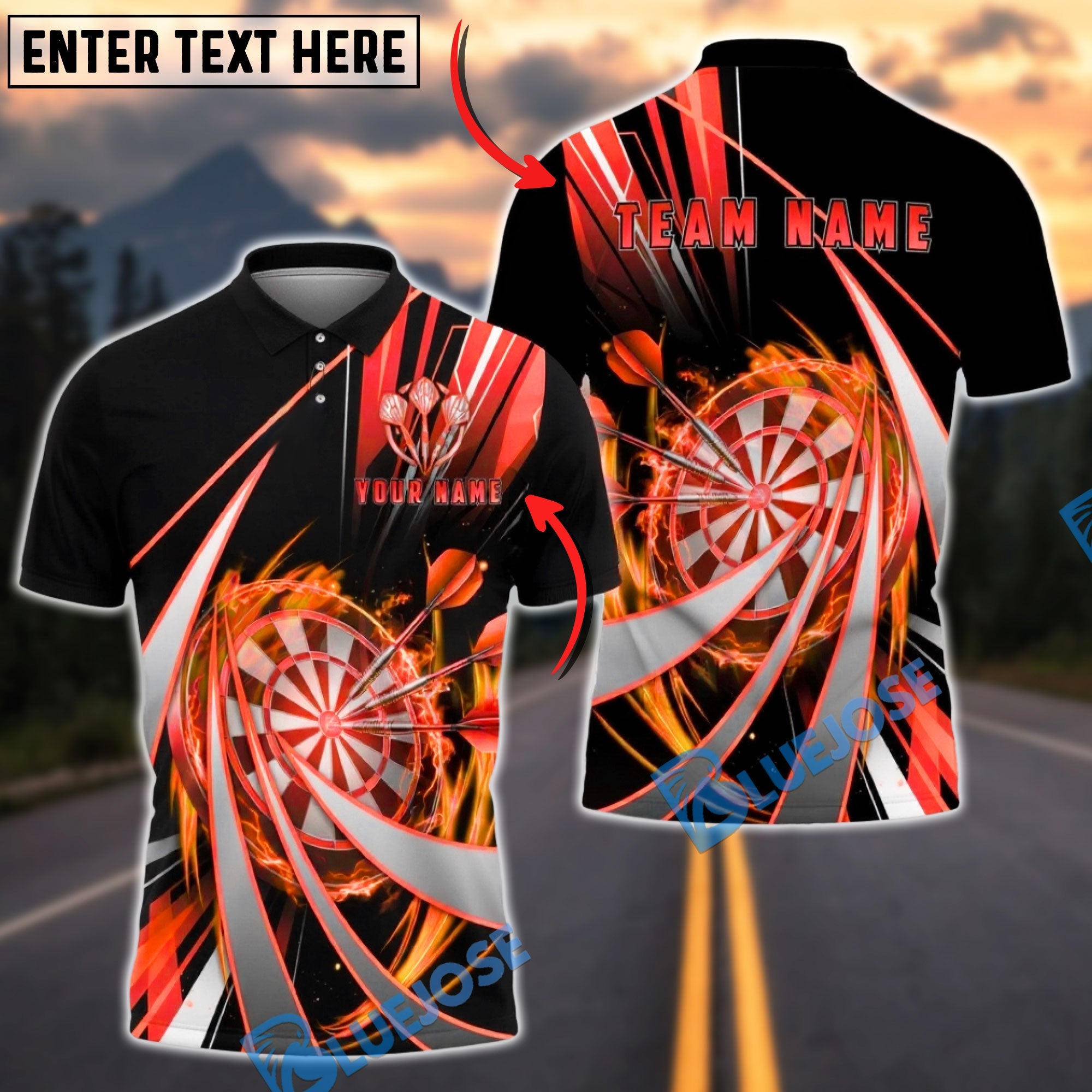 BlueJose Darts Flame Swirl Tornado Multicolor Options Personalized Name Shirt (4 Colors)