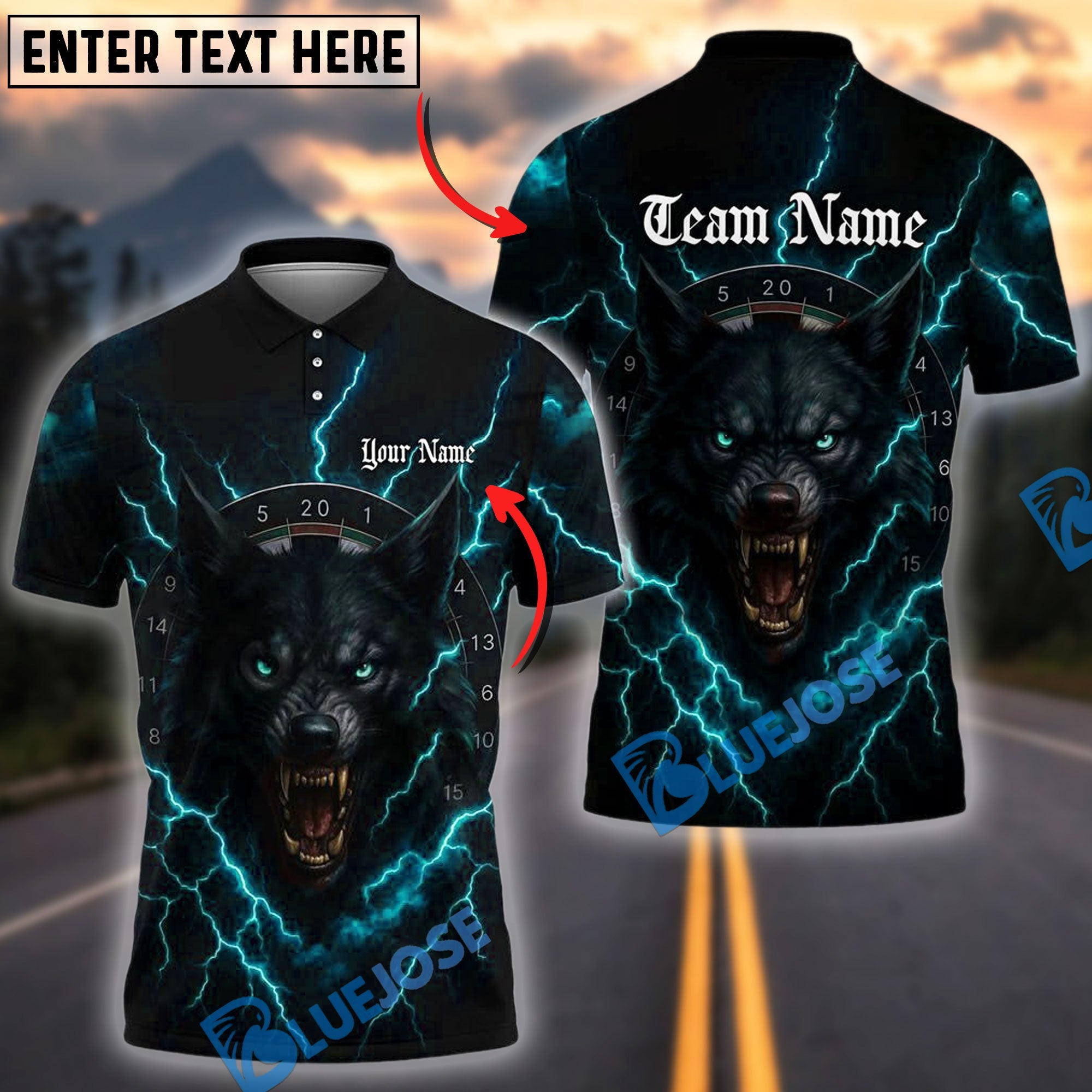 BlueJose Darts Wolf Thunder Dartboard Personalized Name, Team Name Shirt (4 Colors)