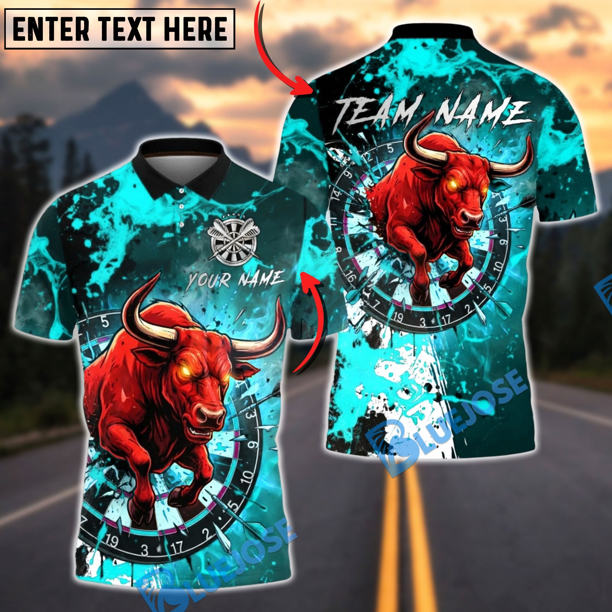 BlueJose Darts Bull Rage Fiery Dartboard Multicolor Options Personalized Name Shirt (4 Colors)