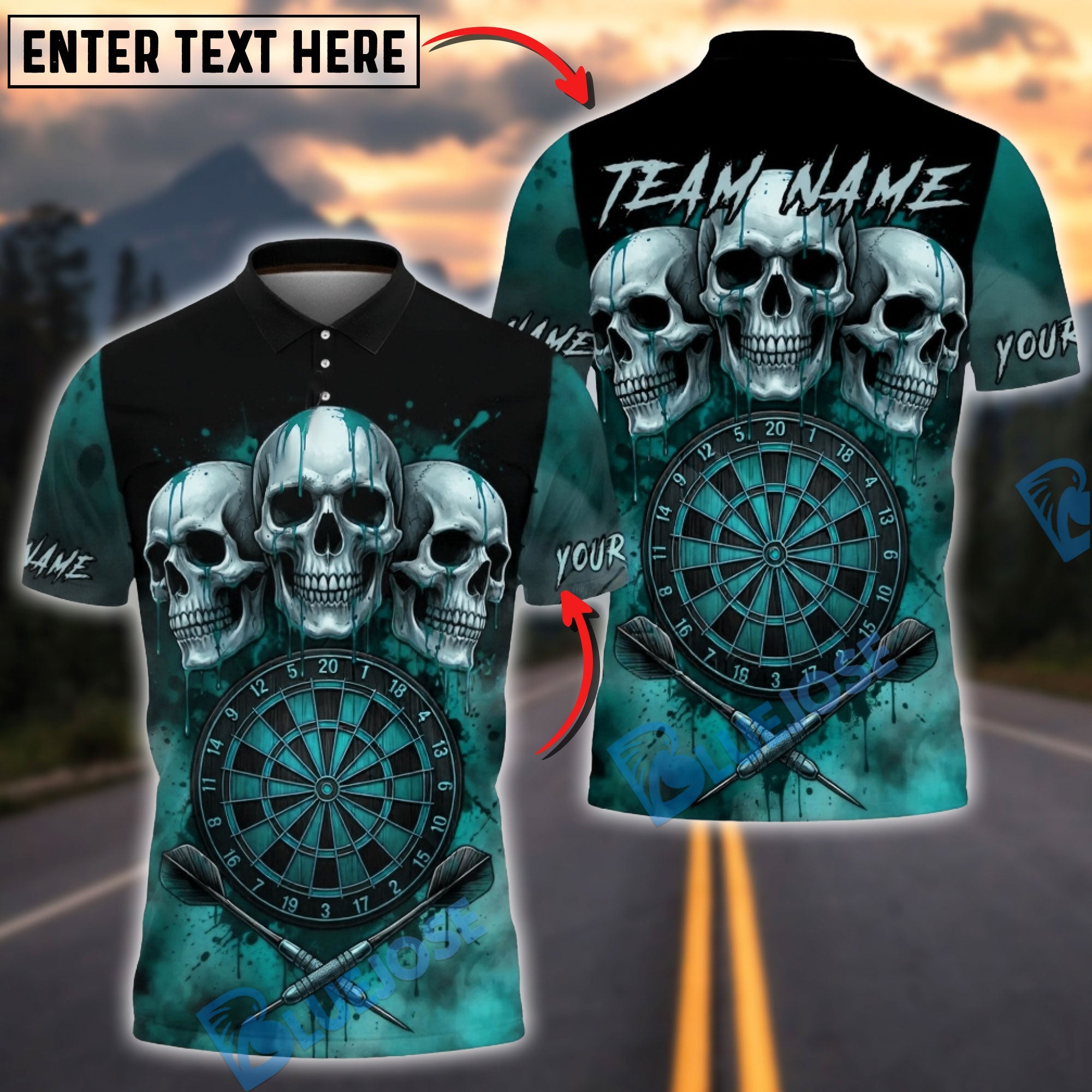 BlueJose Darts Triple Skull Dark Blood Multicolor Options Personalized Name Shirt (4 Colors)