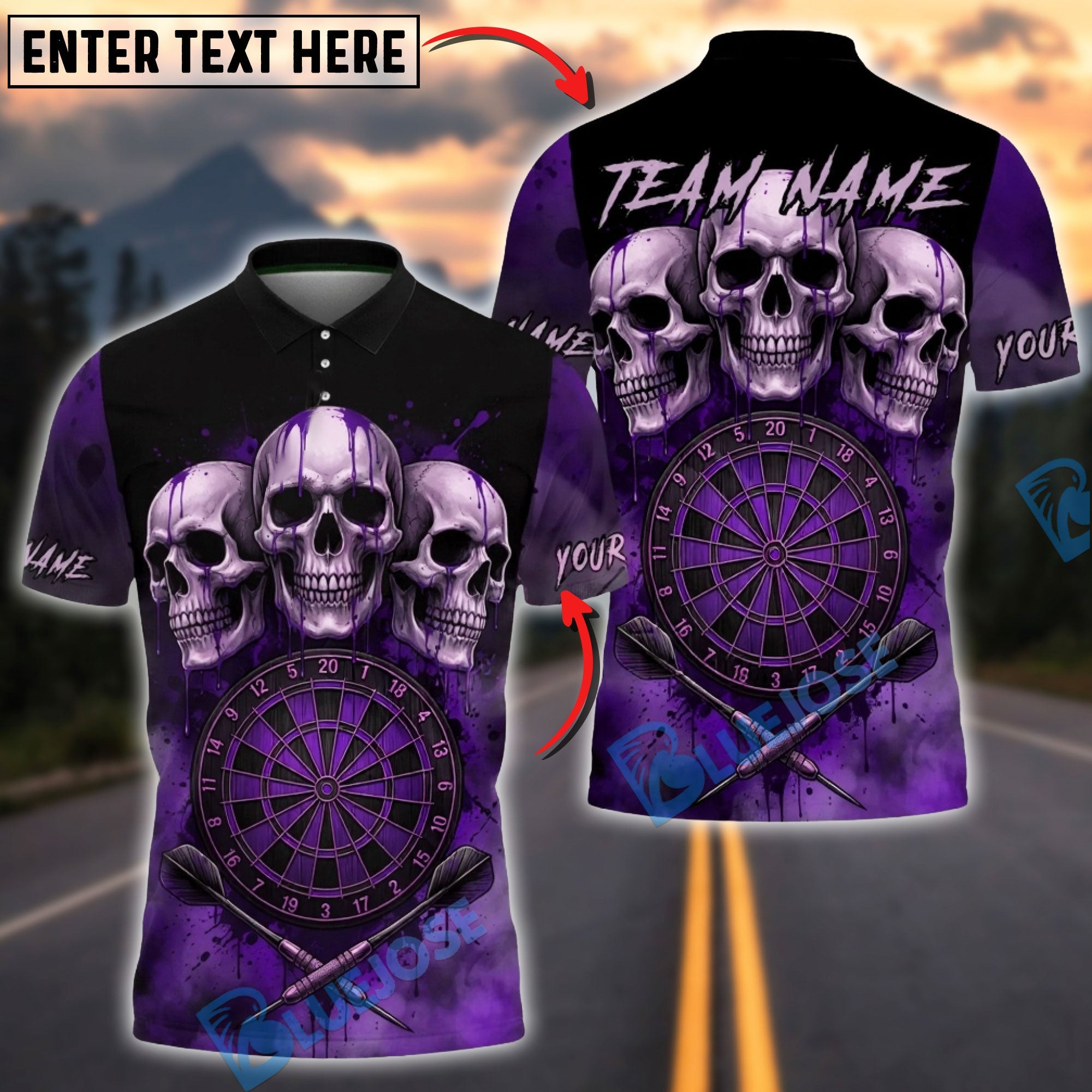 BlueJose Darts Triple Skull Dark Blood Multicolor Options Personalized Name Shirt (4 Colors)