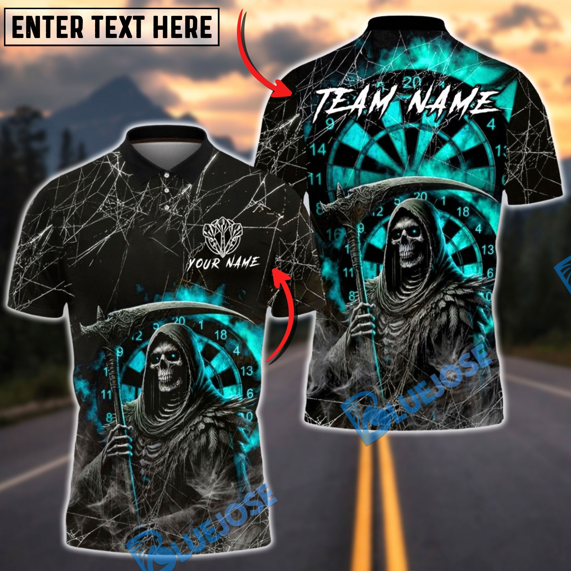 BlueJose Darts Grim Reaper Death Web Dartboard Multicolor Options Personalized Name Shirt (4 Colors)