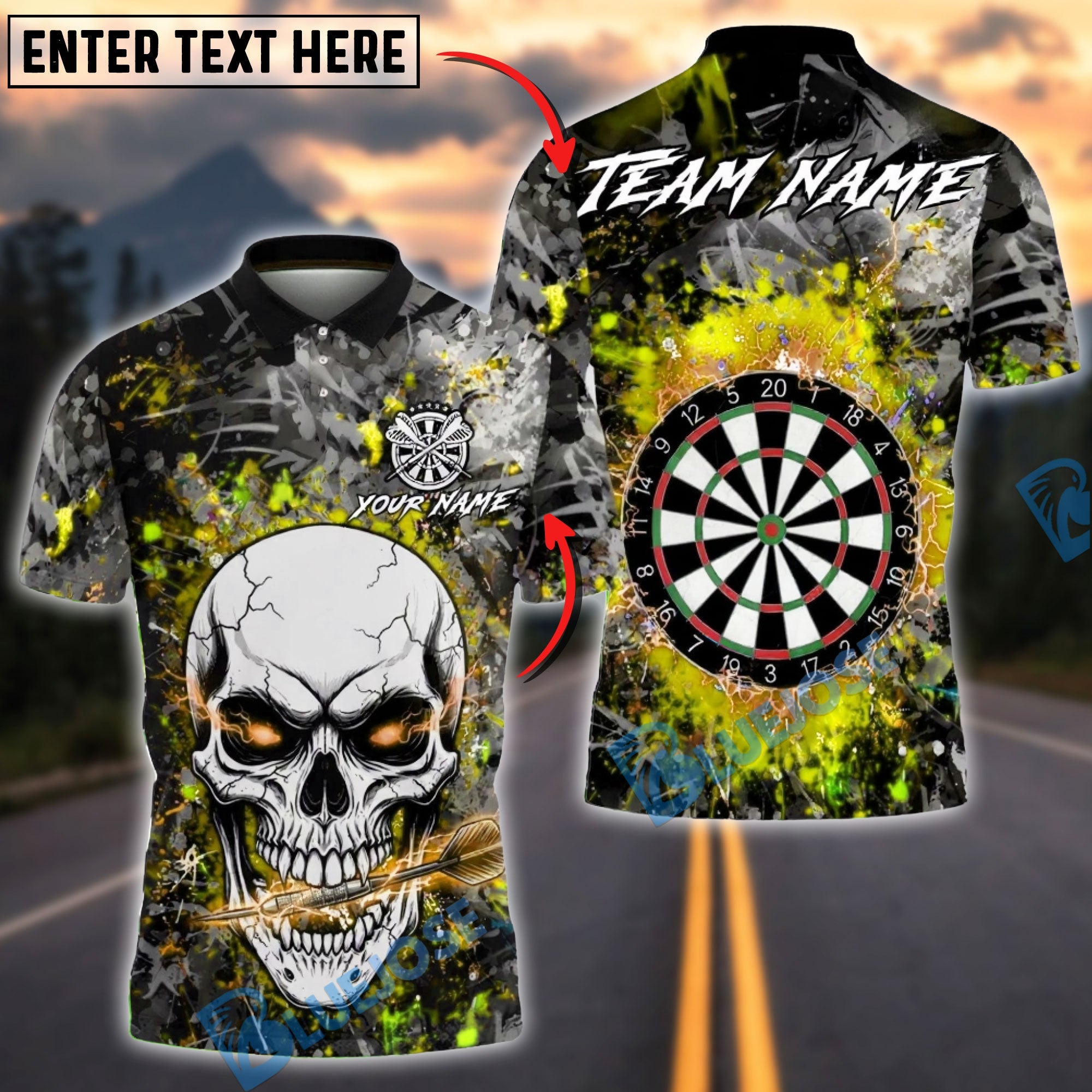 BlueJose Darts Skull Bite Electric Arrow Multicolor Options Personalized Name Shirt (6 Colors)