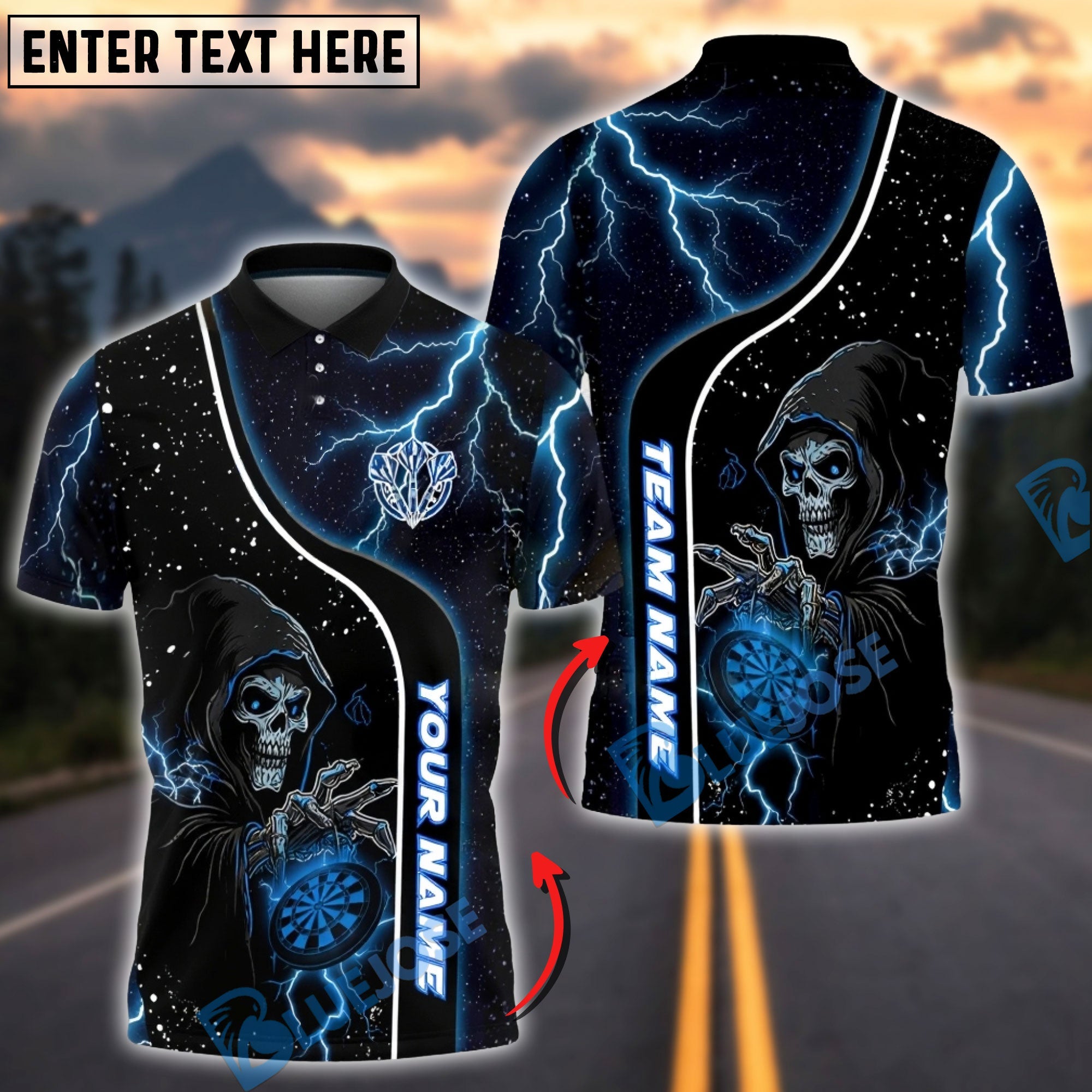 BlueJose Darts Lightning Grim Reaper Dartboard Multicolor Options Personalized Name Shirt (4 Colors)