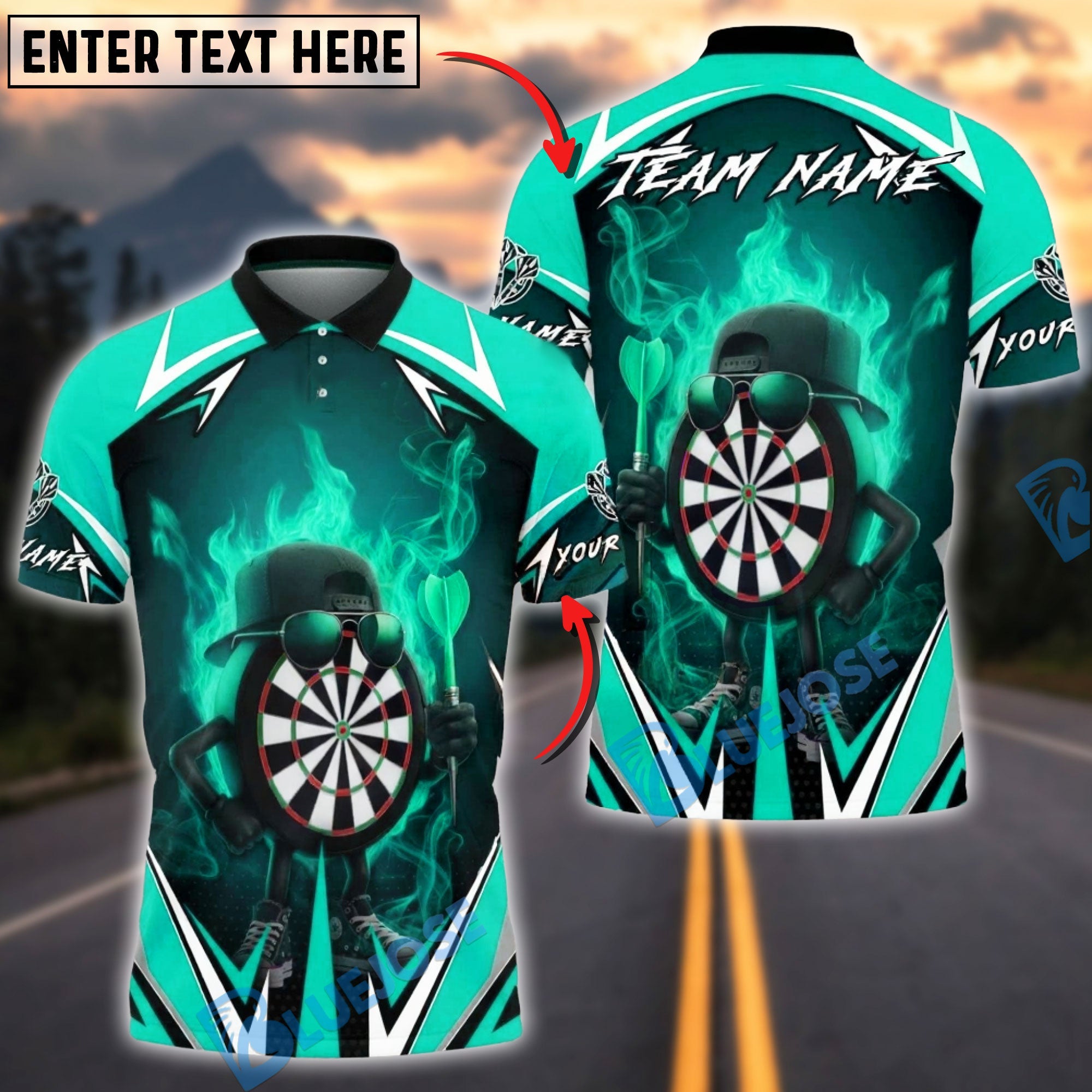 BlueJose Darts Cool Dartboard Character Flame Multicolor Options Personalized Name Shirt (6 Colors)