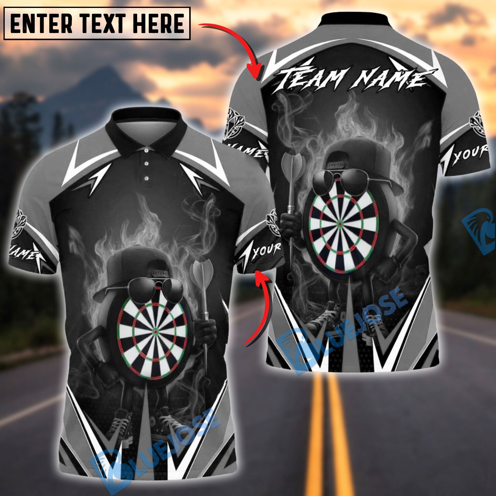 BlueJose Darts Cool Dartboard Character Flame Multicolor Options Personalized Name Shirt (6 Colors)