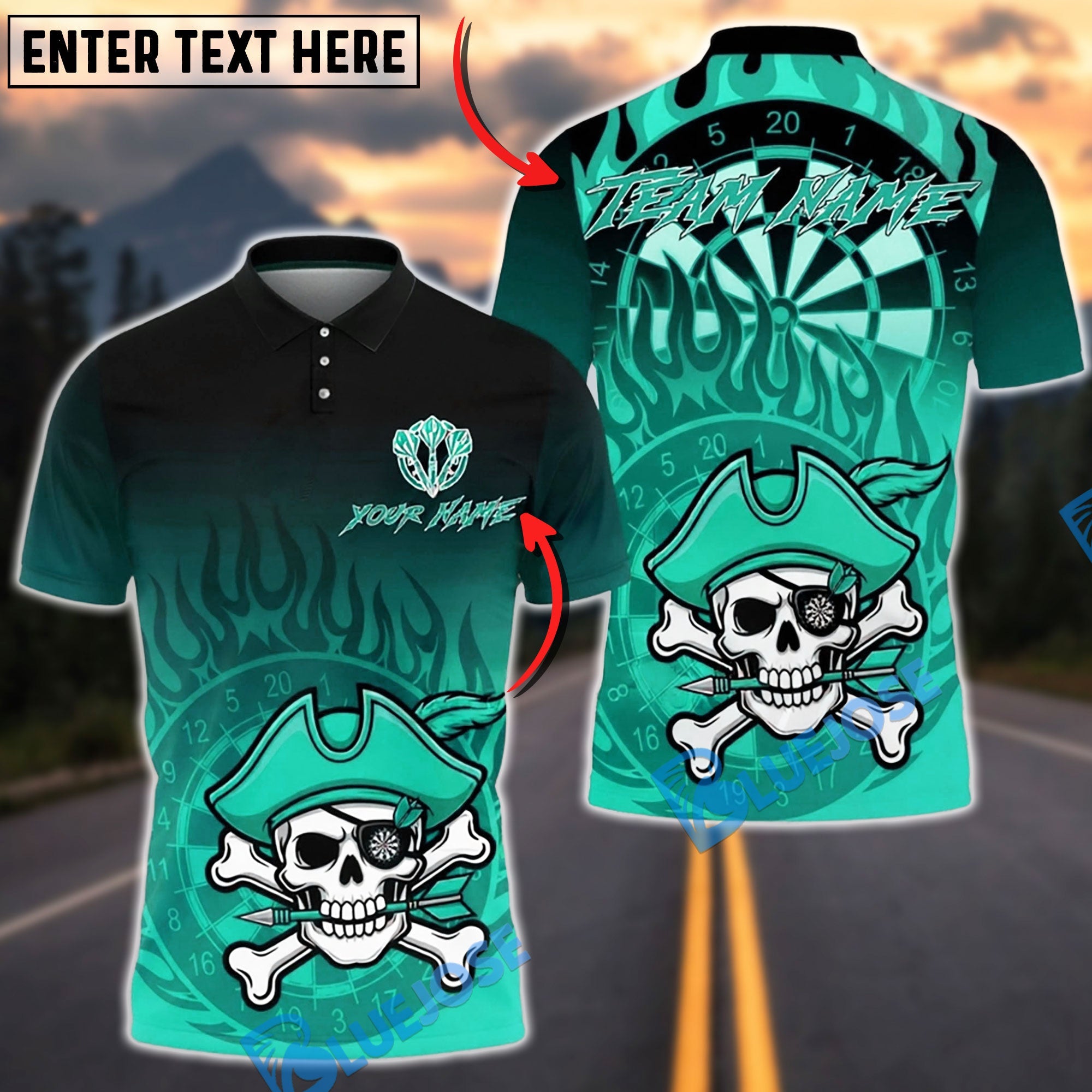 BlueJose Darts Pirate Skull Flame Dartboard Multicolor Options Personalized Name Shirt (4 Colors)