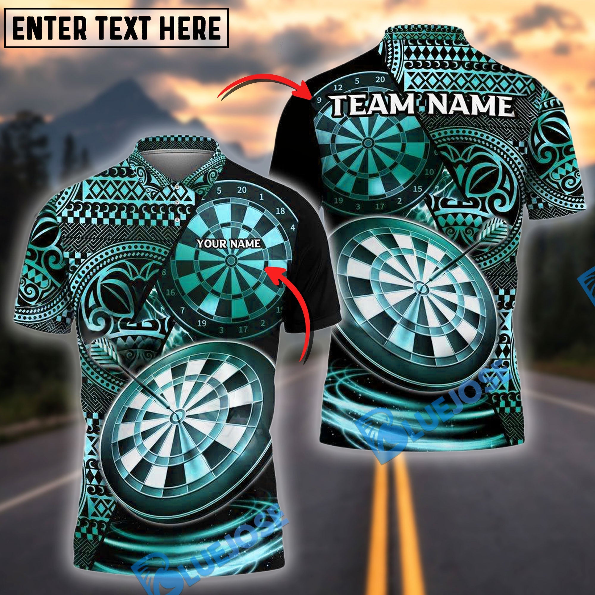 BlueJose Darts Bullseye Tribal Personalized Name, Team Name Shirt (4 Colors)