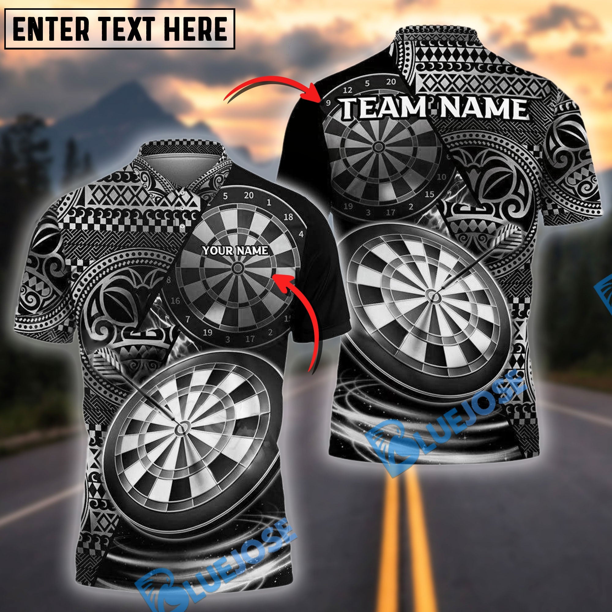 BlueJose Darts Bullseye Tribal Personalized Name, Team Name Shirt (4 Colors)