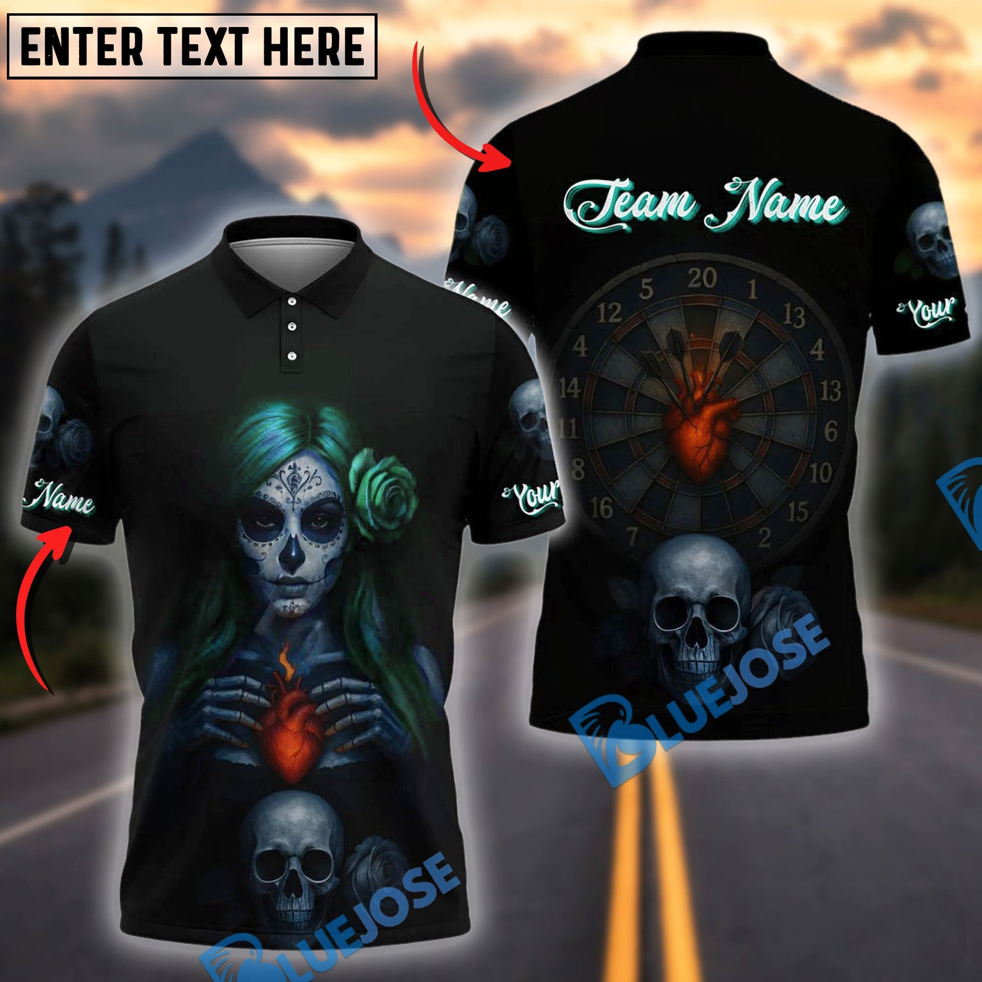 BlueJose Darts Gothic Skull Heart Target Personalized Name, Team Name Shirt (4 Colors)