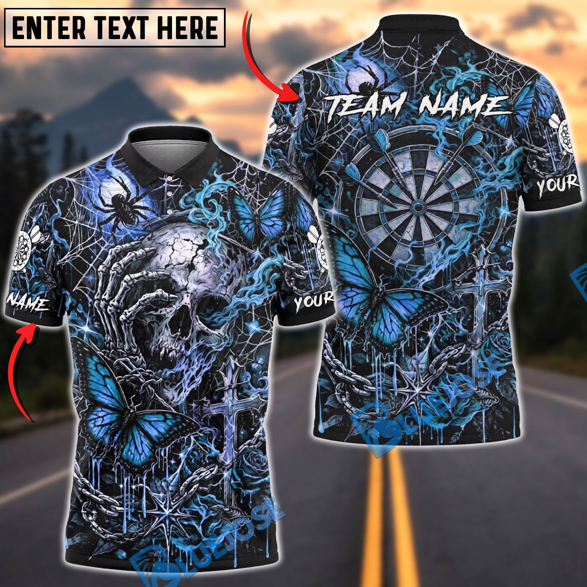 BlueJose Darts Gothic Skull Butterfly Lightning Personalized Name, Team Name Unisex Shirt (4 Colors)