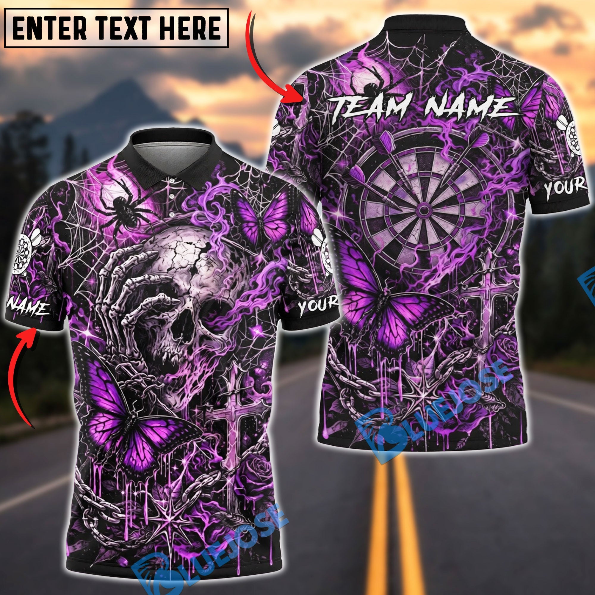 BlueJose Darts Gothic Skull Butterfly Lightning Personalized Name, Team Name Unisex Shirt (4 Colors)