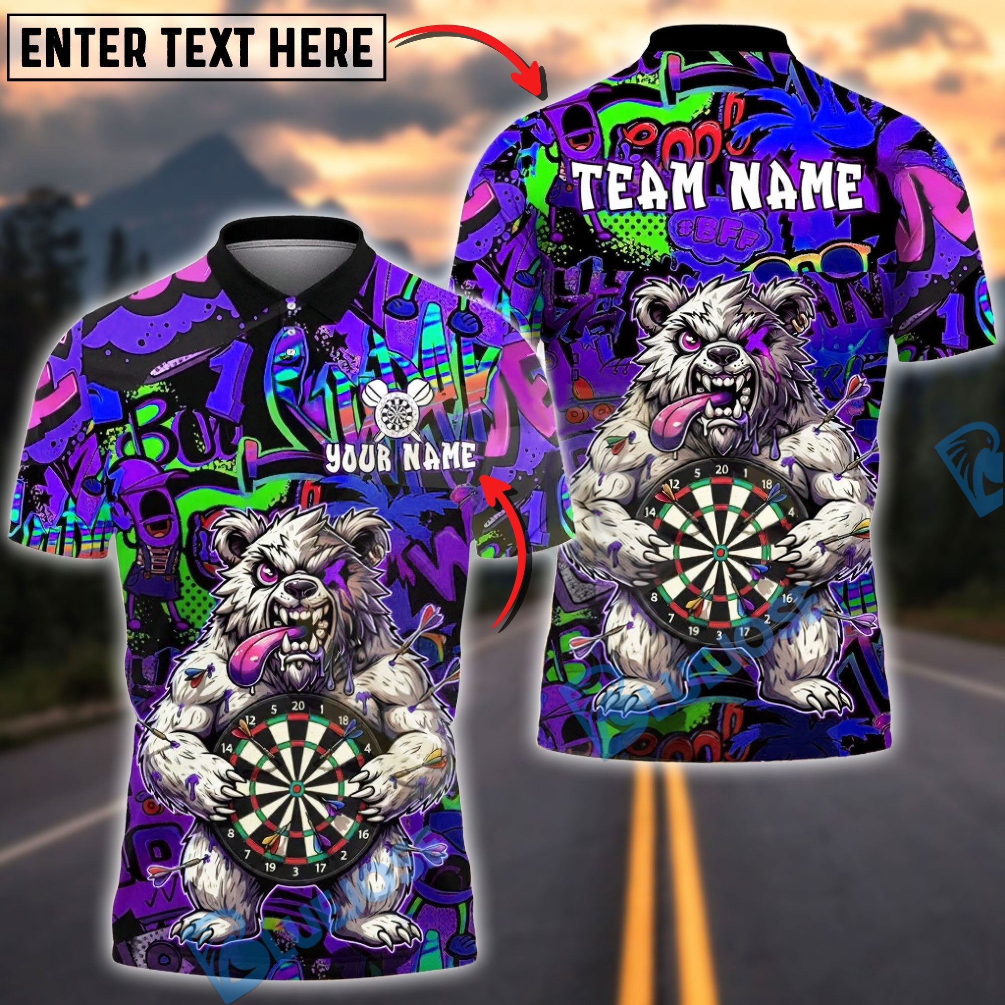 BlueJose Darts Angry Bear Holding Dartboard Graffiti Art Multicolor Options Personalized Name Shirt (4 Colors)