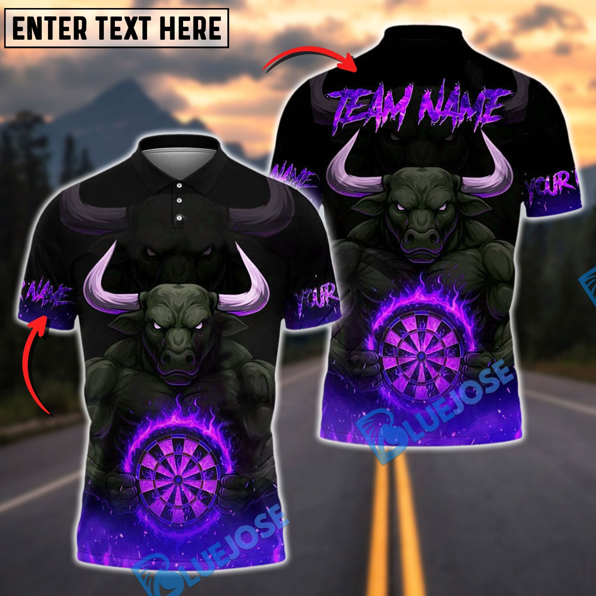 BlueJose Darts Bull Angry Flame Bullseye Customized Name, Team Name 3D Shirt (4 Colors)