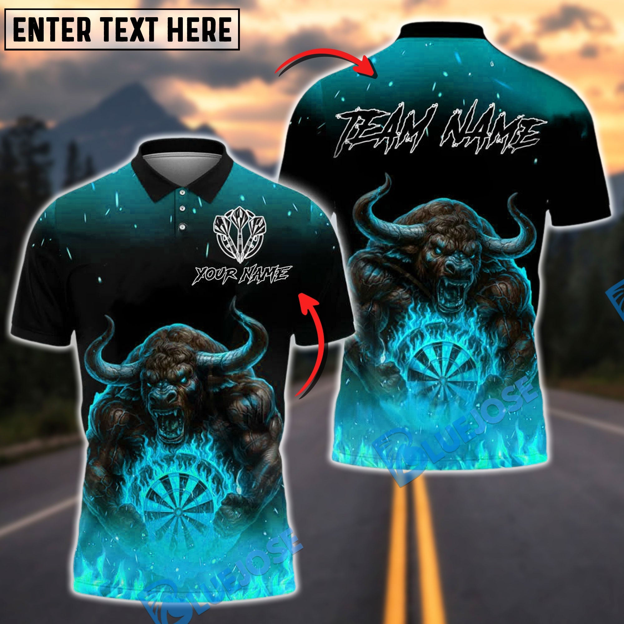 BlueJose Darts Bull Demon Fire Beast Customized Name, Team Name 3D Shirt (4 Colors)