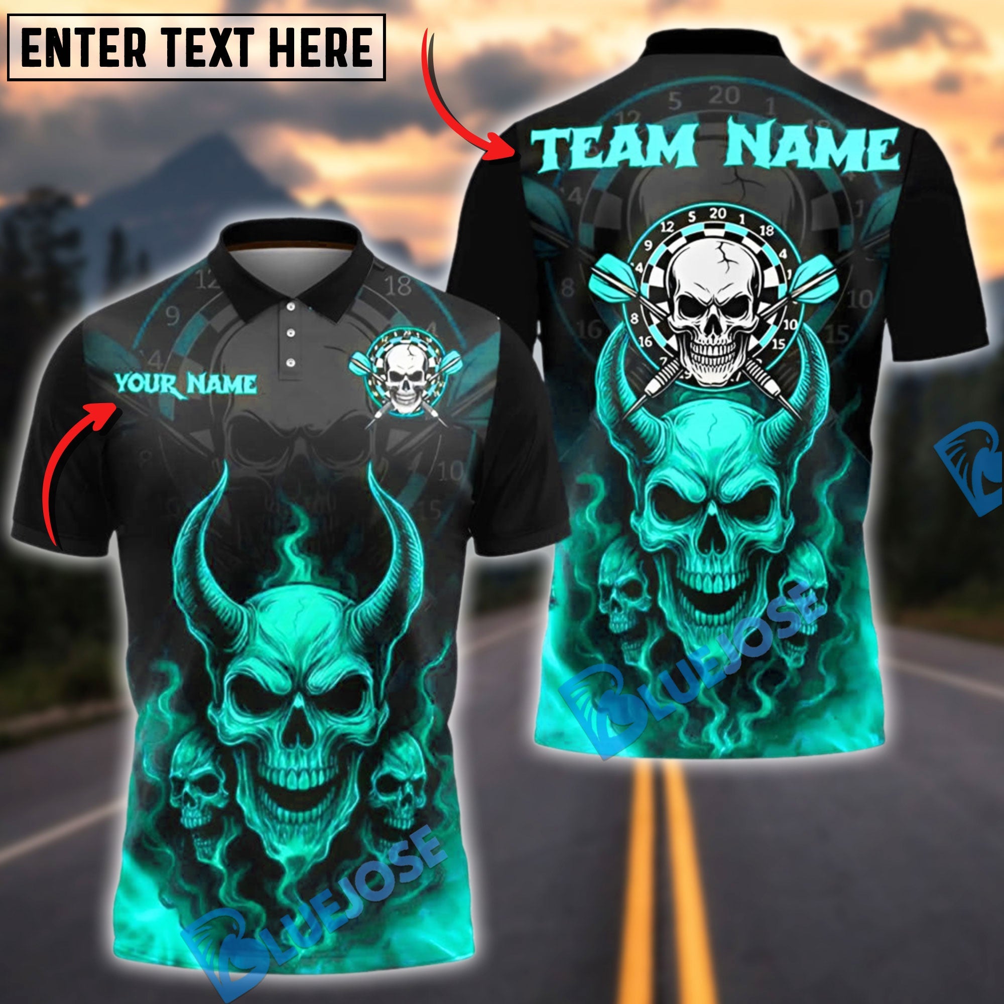 BlueJose Darts Demon Skull Fire Personalized Name, Team Name Shirt (4 Colors)