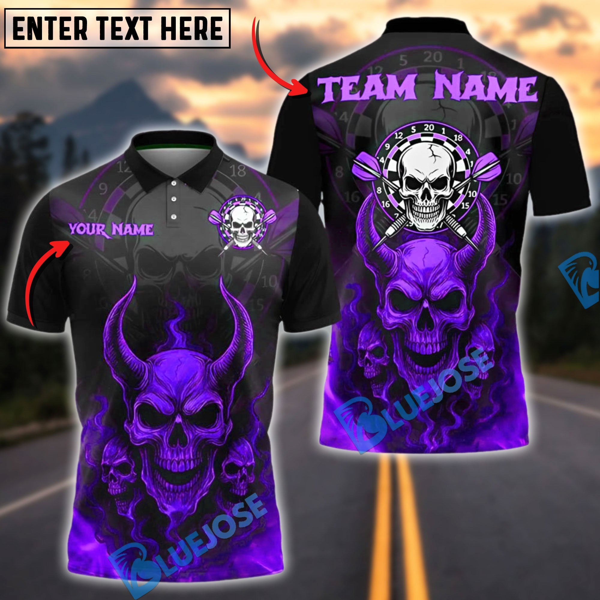 BlueJose Darts Demon Skull Fire Personalized Name, Team Name Shirt (4 Colors)