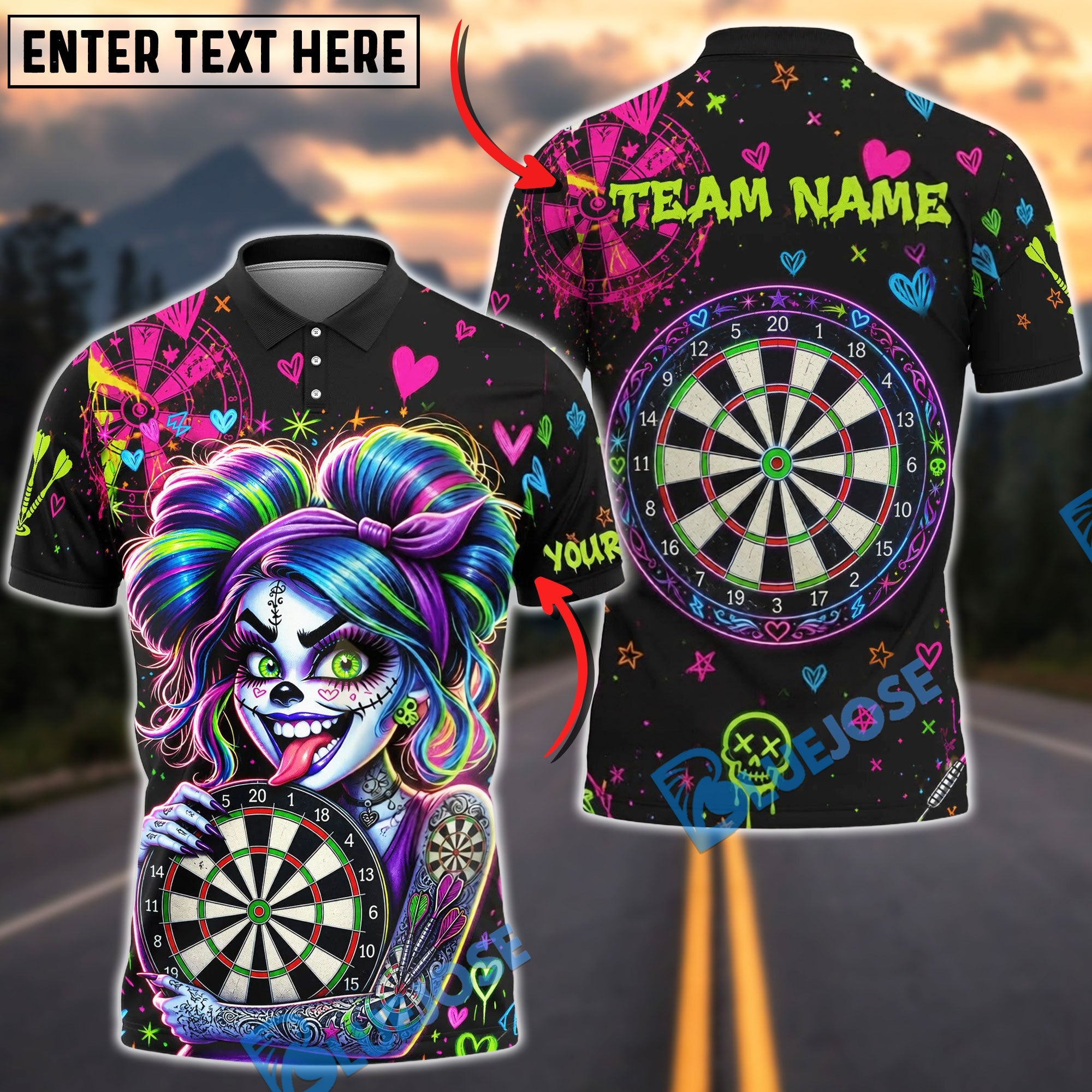 BlueJose Darts Gothic Skull Girl Neon Tattoo Art Personalized Name Shirt