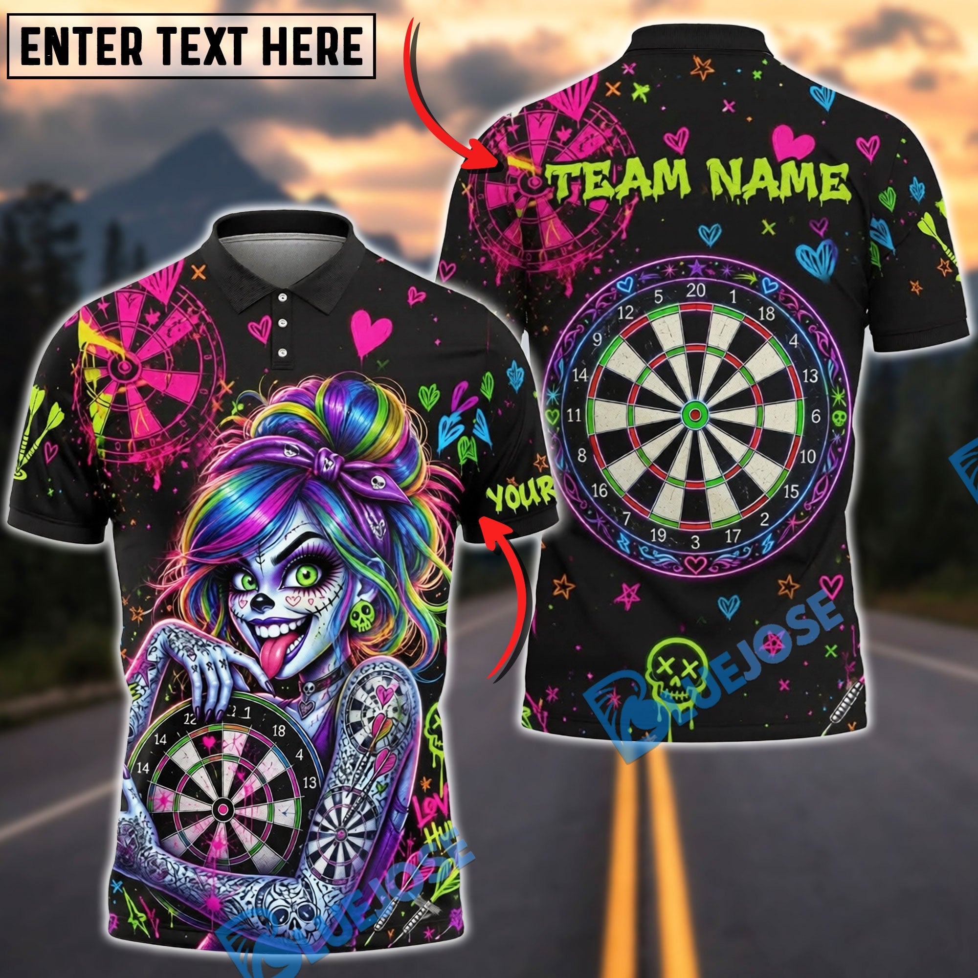 BlueJose Darts Crazy Skull Girl Rainbow Graffiti Personalized Name Shirt
