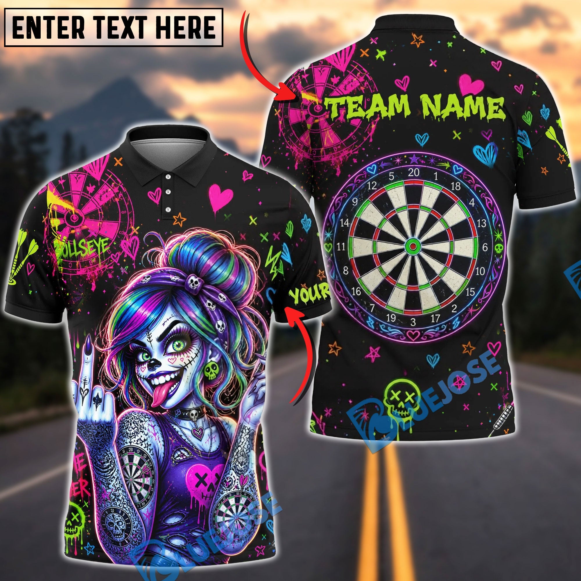 BlueJose Darts  Punk Skull Girl Dark Neon Style Personalized Name Shirt