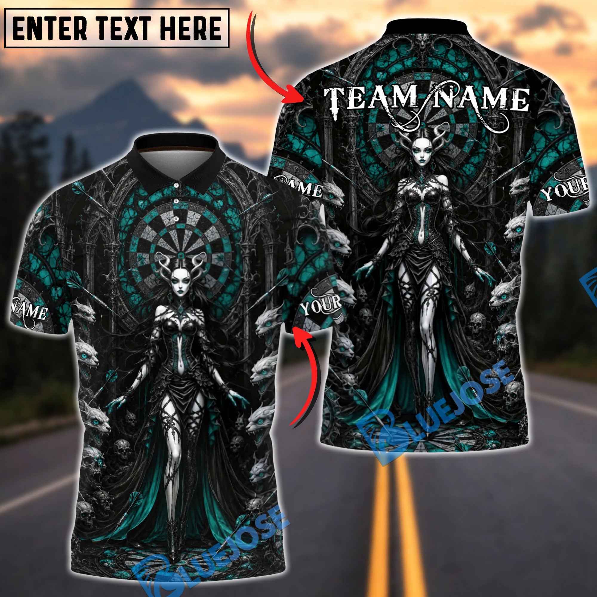 BlueJose Darts Gothic Vampire Queen Dartboard Personalized Name, Team Name Unisex Shirt (4 Colors)