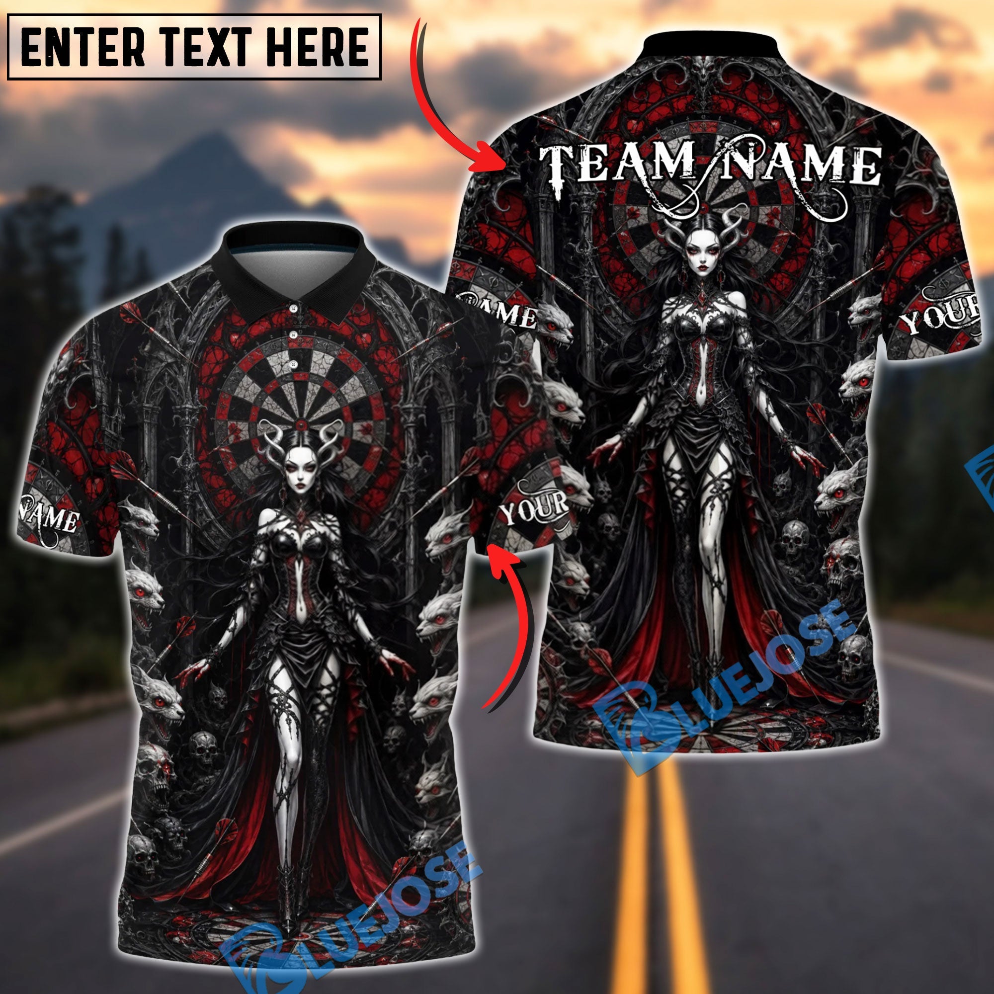 BlueJose Darts Gothic Vampire Queen Dartboard Personalized Name, Team Name Unisex Shirt (4 Colors)