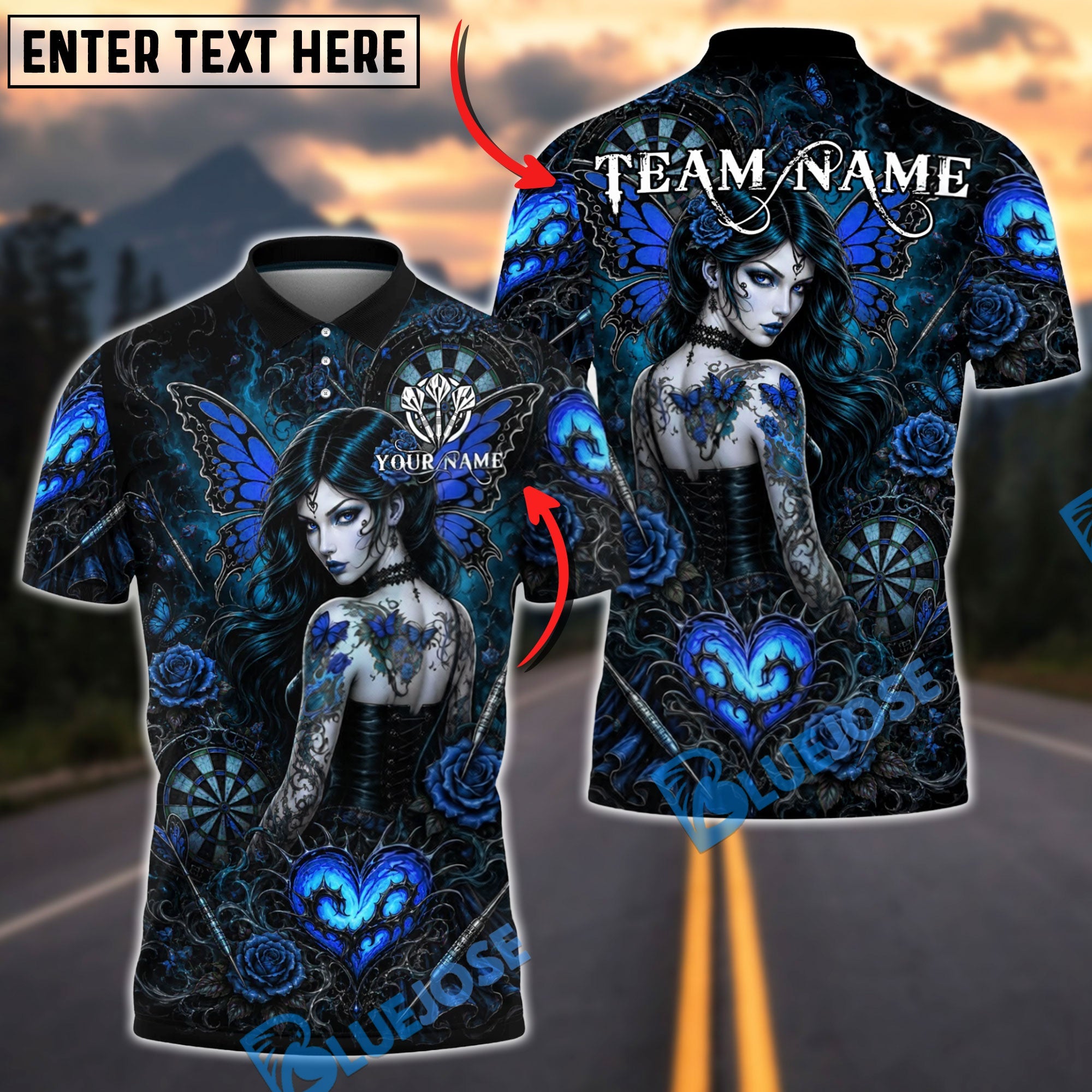 BlueJose Darts Gothic Butterfly Girl Rose Heart Dartboard Personalized Name, Team Name Unisex Shirt (4 Colors)