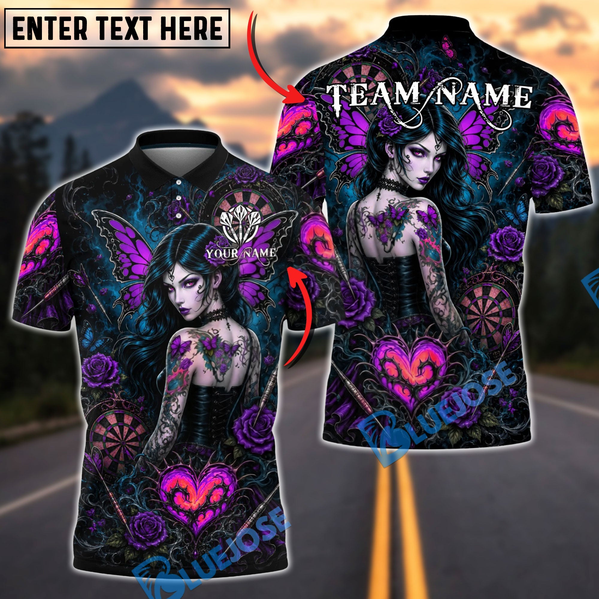 BlueJose Darts Gothic Butterfly Girl Rose Heart Dartboard Personalized Name, Team Name Unisex Shirt (4 Colors)