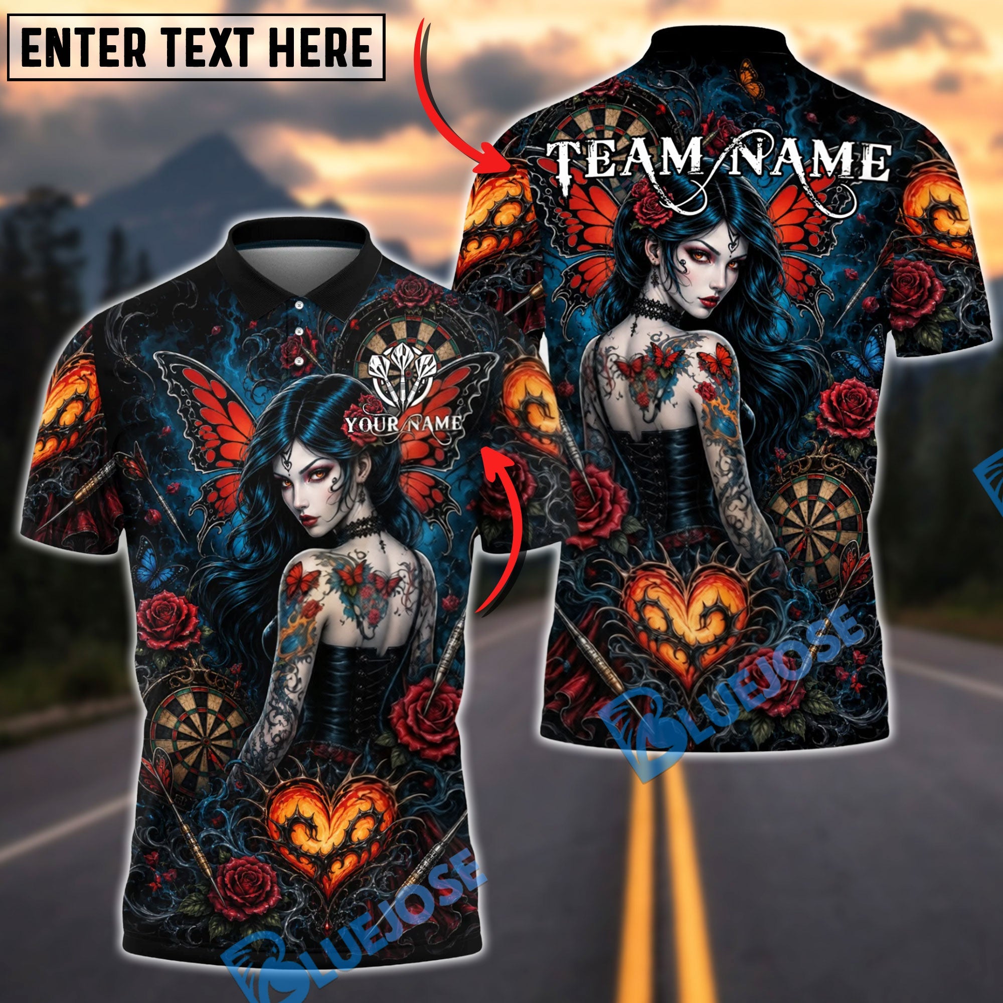 BlueJose Darts Gothic Butterfly Girl Rose Heart Dartboard Personalized Name, Team Name Unisex Shirt (4 Colors)