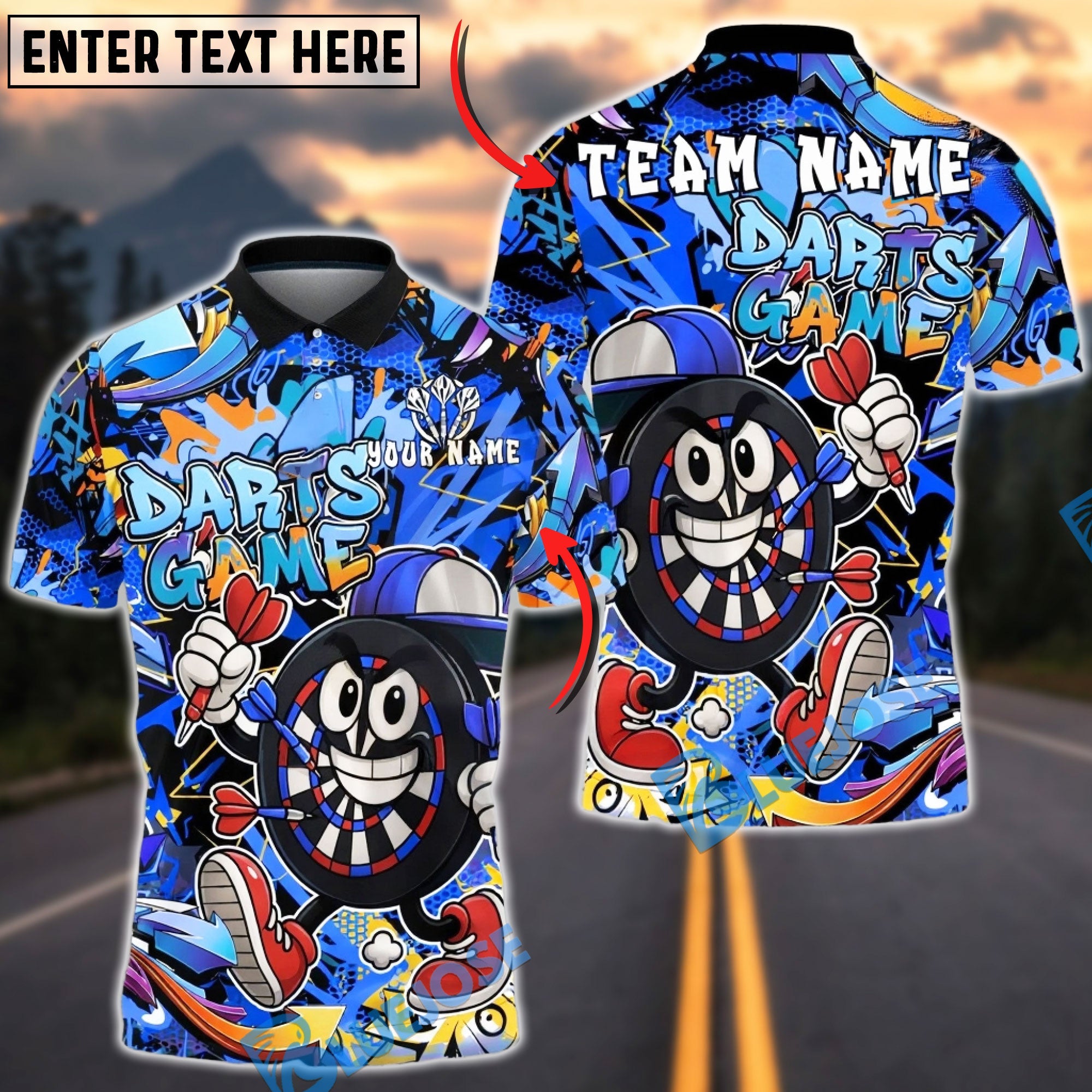 BlueJose Darts Cartoon Dartboard Character Graffiti Style Multicolor Options Personalized Name Shirt (4 Colors)