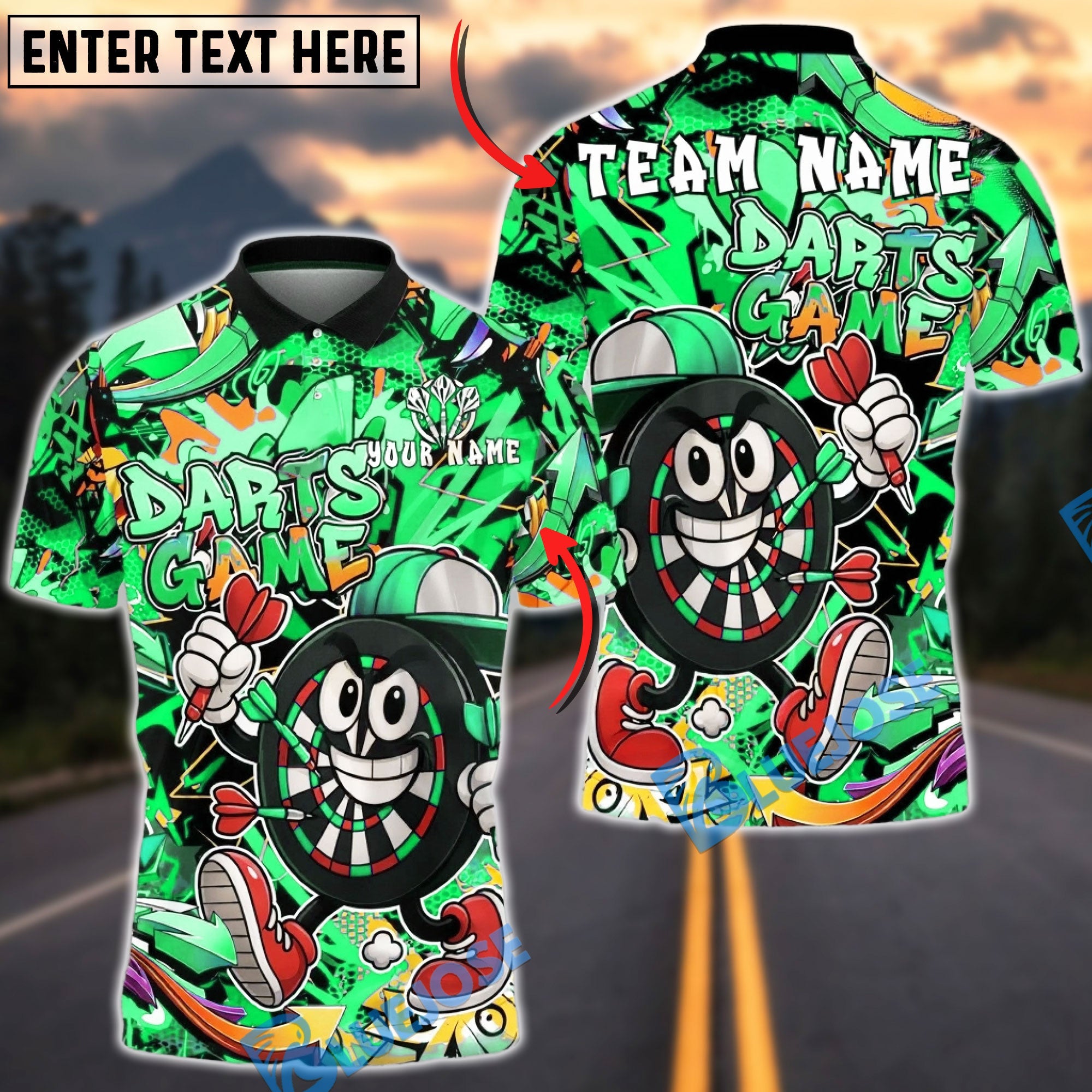 BlueJose Darts Cartoon Dartboard Character Graffiti Style Multicolor Options Personalized Name Shirt (4 Colors)