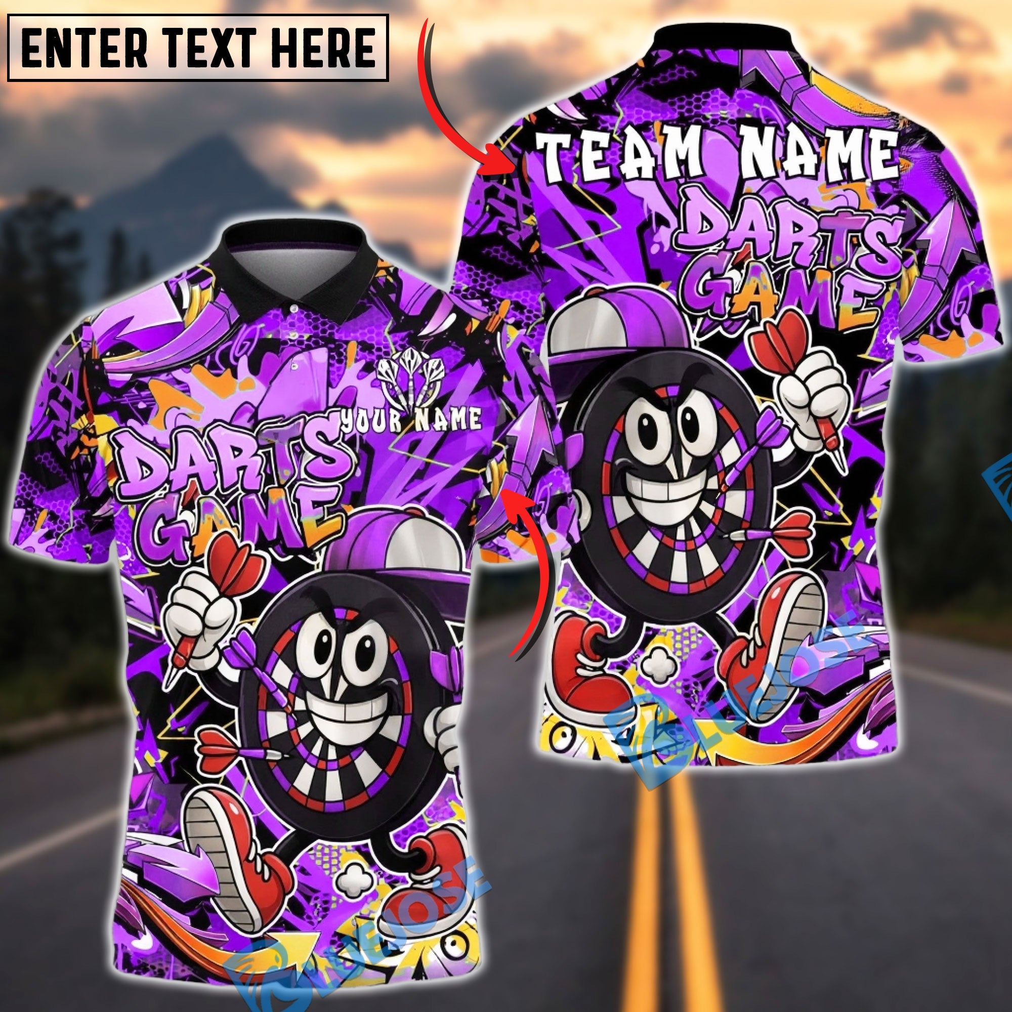 BlueJose Darts Cartoon Dartboard Character Graffiti Style Multicolor Options Personalized Name Shirt (4 Colors)