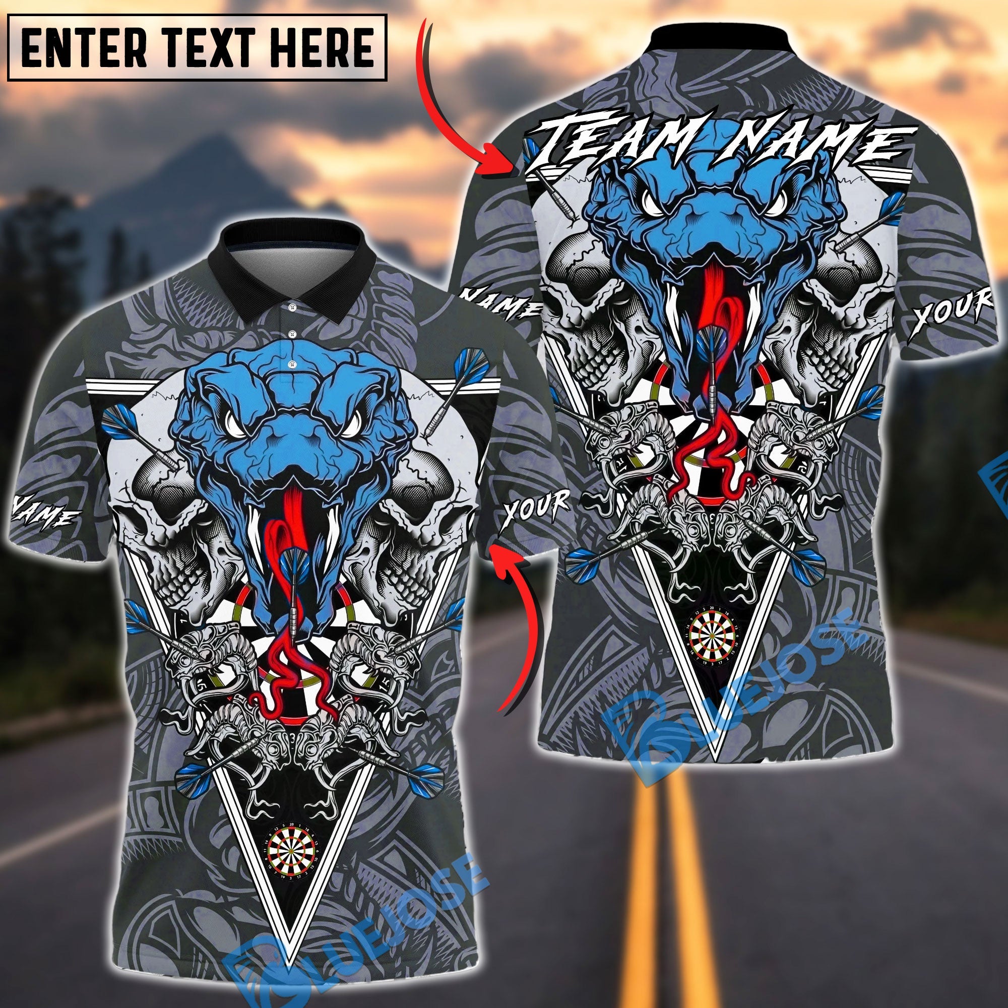 BlueJose Darts Skull Snake Dartboard Target Gothic Style Multicolor Options Personalized Name Shirt (4 Colors)