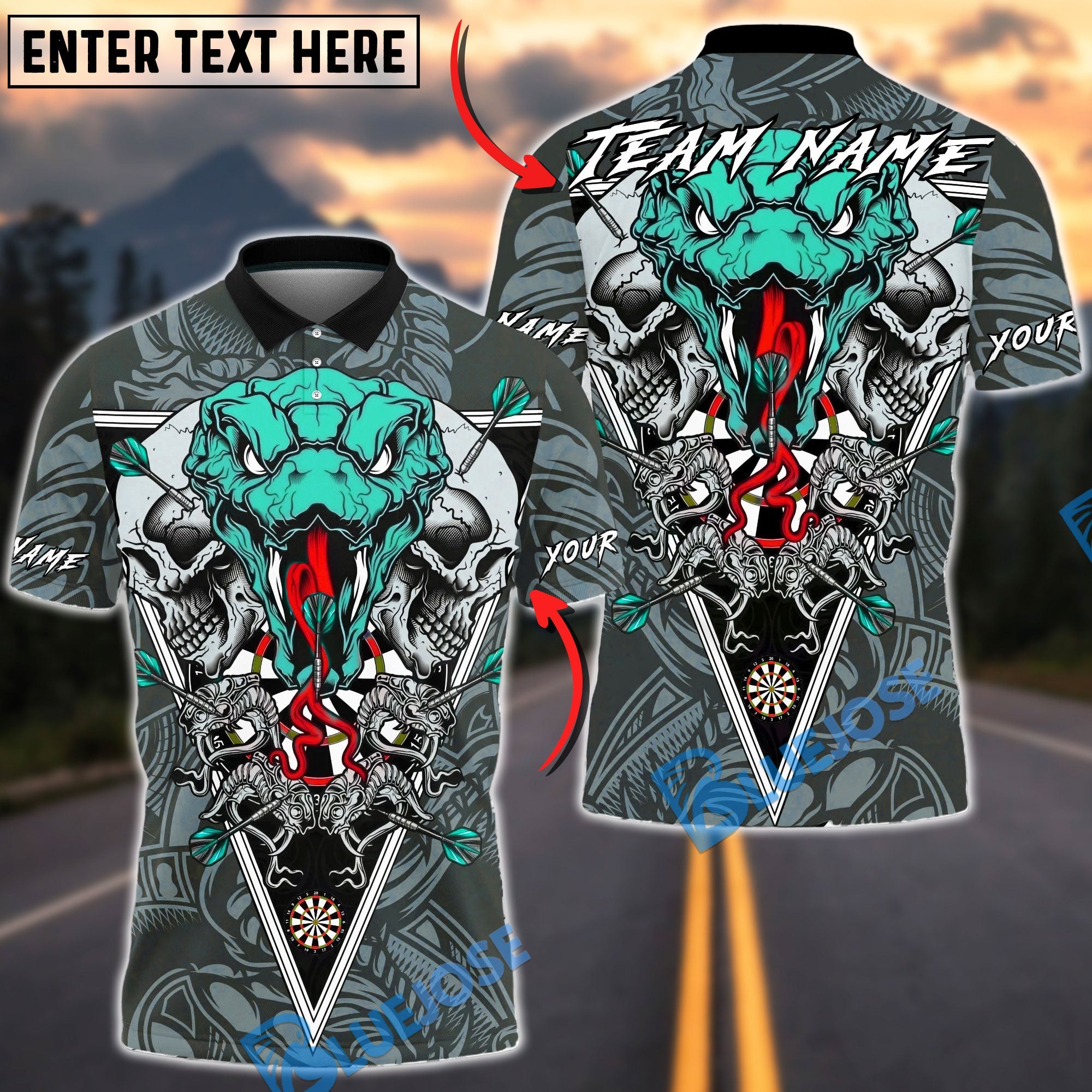 BlueJose Darts Skull Snake Dartboard Target Gothic Style Multicolor Options Personalized Name Shirt (4 Colors)