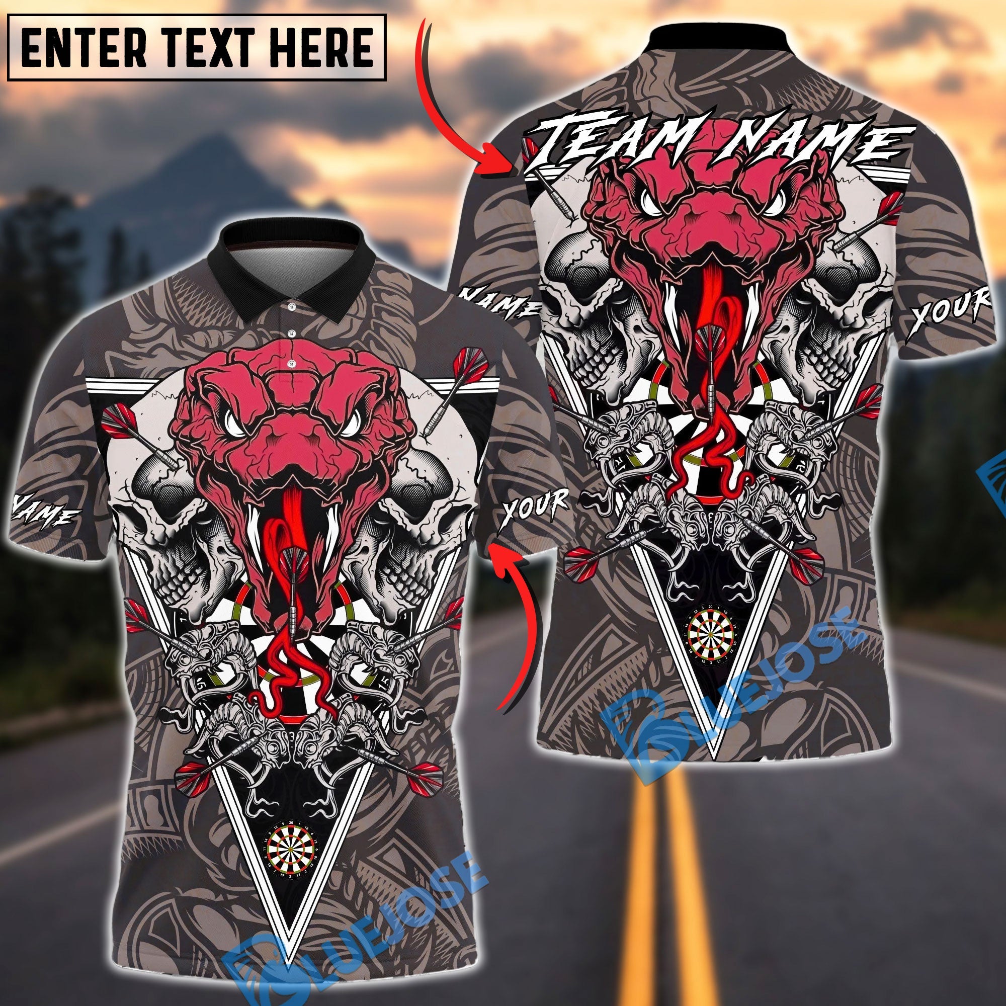 BlueJose Darts Skull Snake Dartboard Target Gothic Style Multicolor Options Personalized Name Shirt (4 Colors)