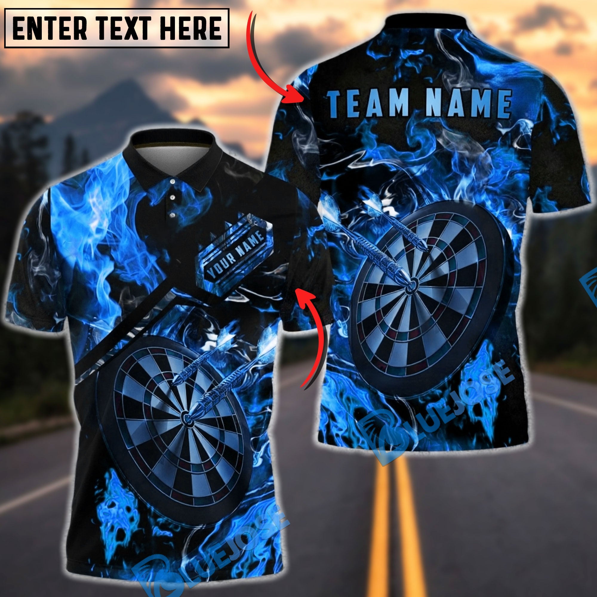 BlueJose Darts Dartboard Fire Flame Dark Style Multicolor Options Personalized Name Shirt (4 Colors)
