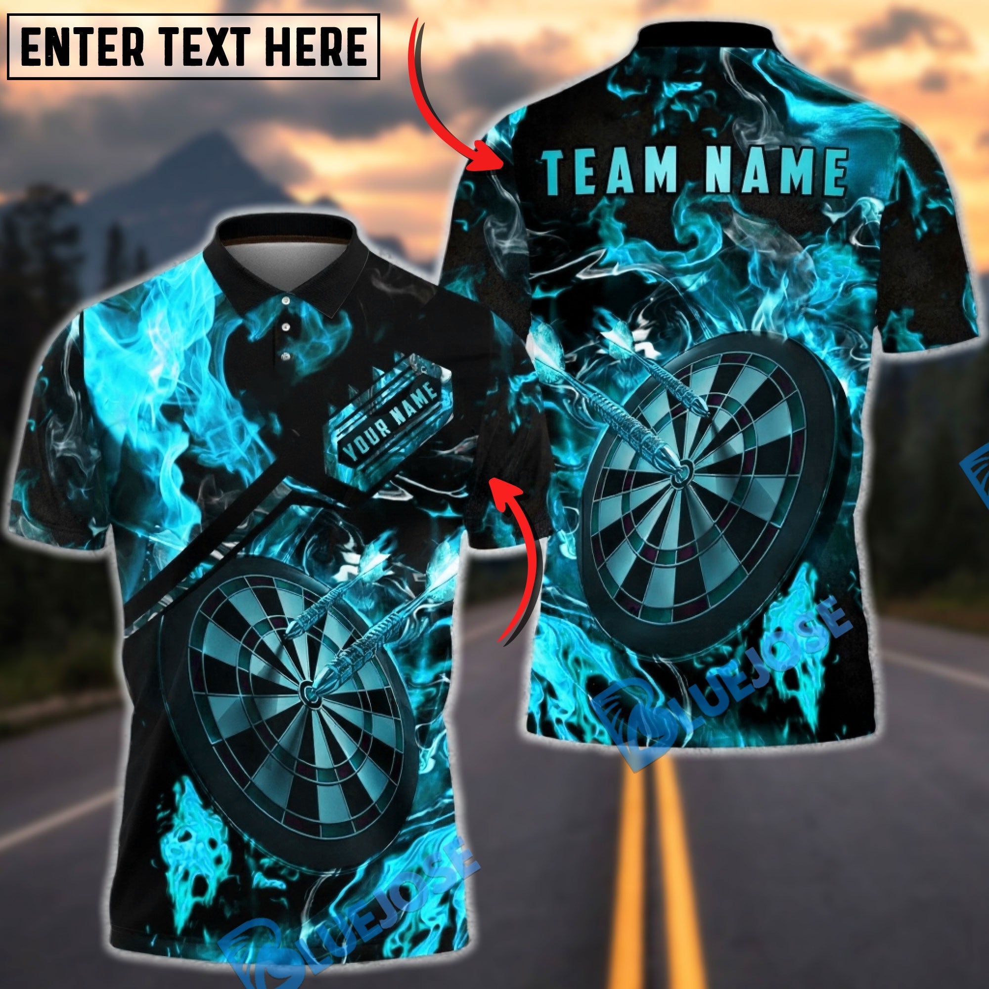 BlueJose Darts Dartboard Fire Flame Dark Style Multicolor Options Personalized Name Shirt (4 Colors)