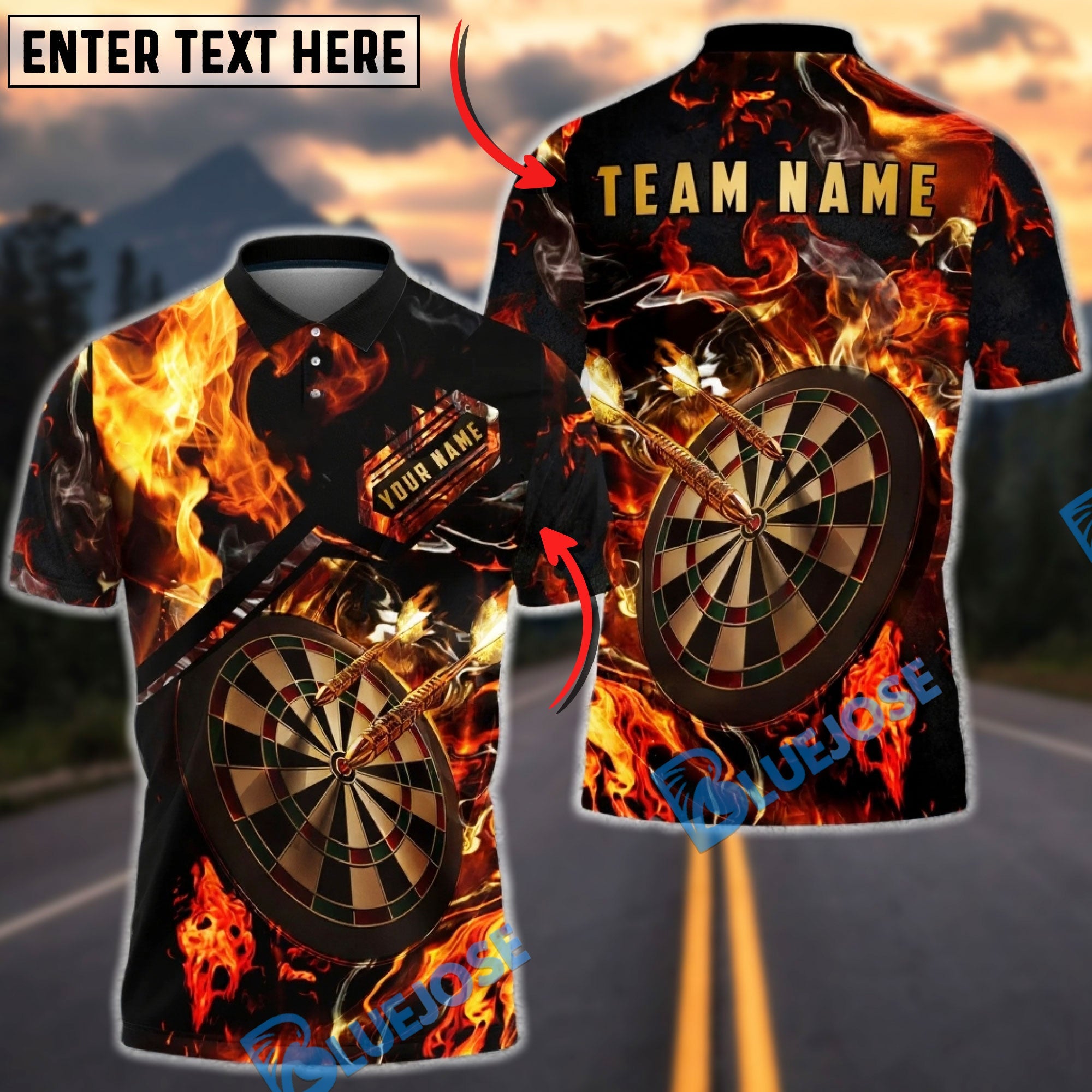 BlueJose Darts Dartboard Fire Flame Dark Style Multicolor Options Personalized Name Shirt (4 Colors)