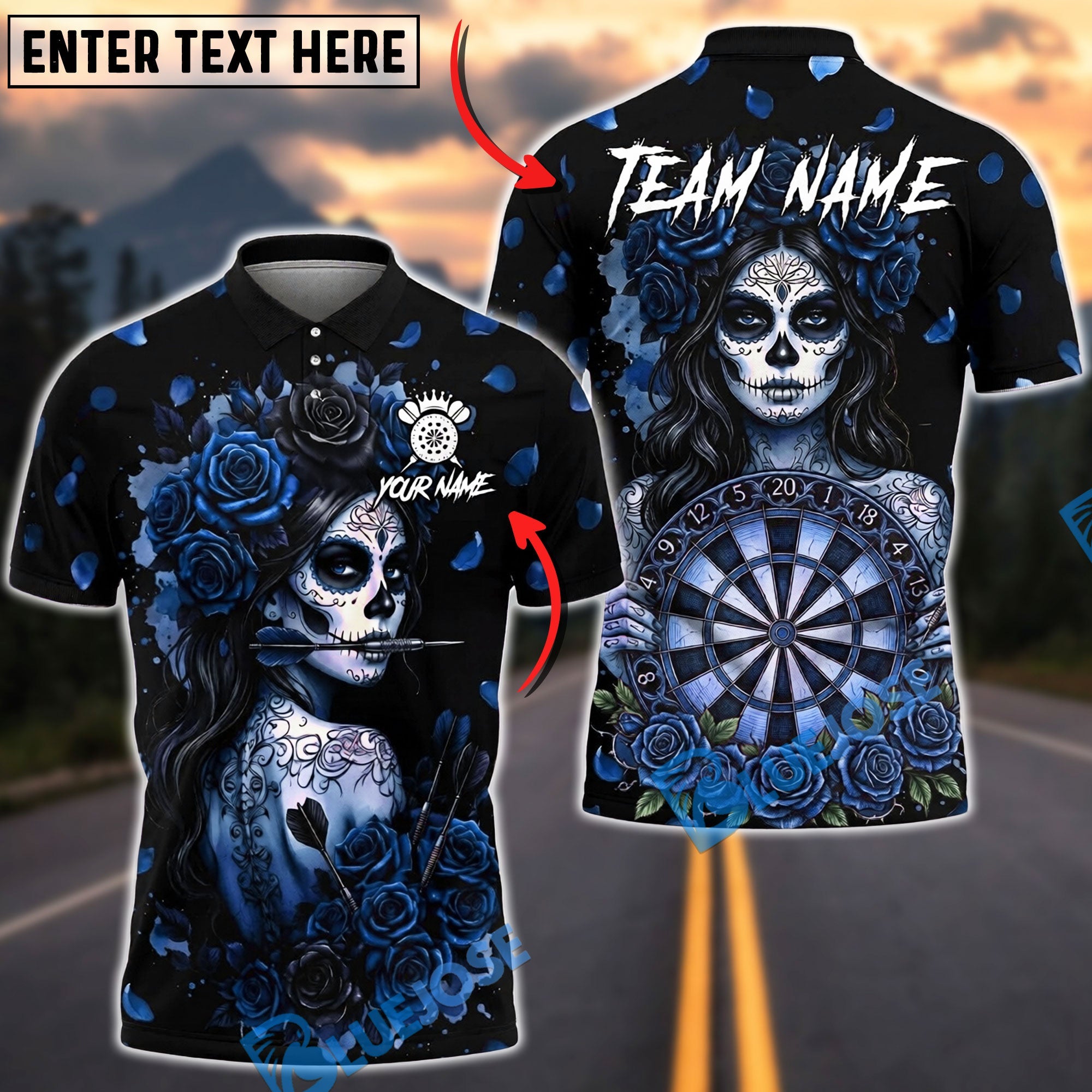 BlueJose Darts Sugar Skull Rose Gothic Dartboard Art Personalized Name, Team Name Unisex Shirt (4 Colors)