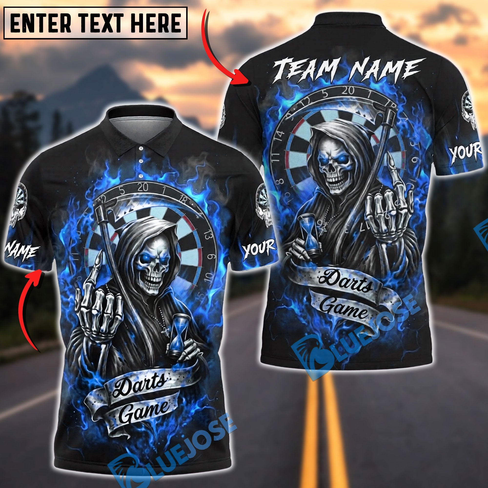 BlueJose Darts Grim Reaper Flame Dartboard Dark Style Personalized Name, Team Name Unisex Shirt (4 Colors)