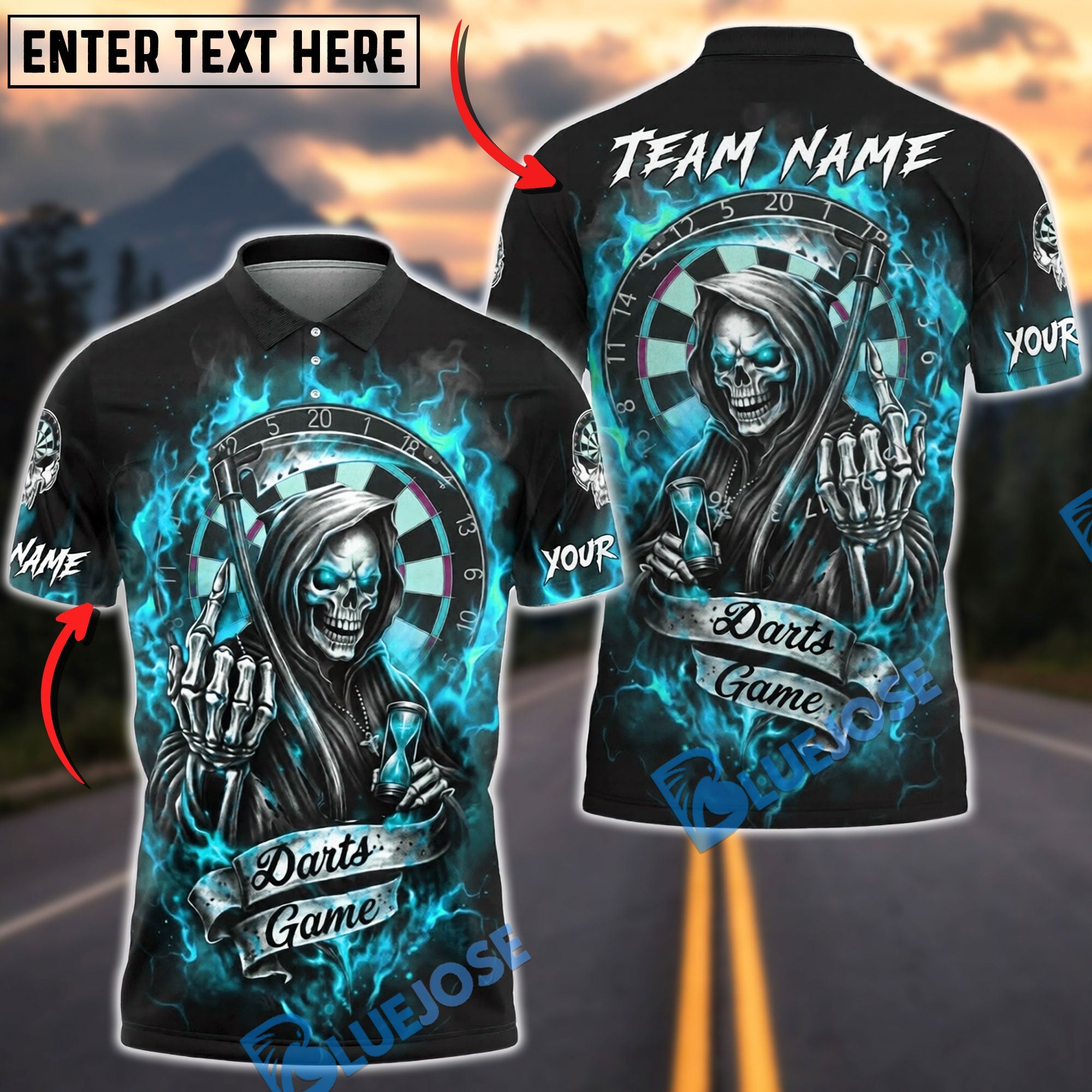 BlueJose Darts Grim Reaper Flame Dartboard Dark Style Personalized Name, Team Name Unisex Shirt (4 Colors)