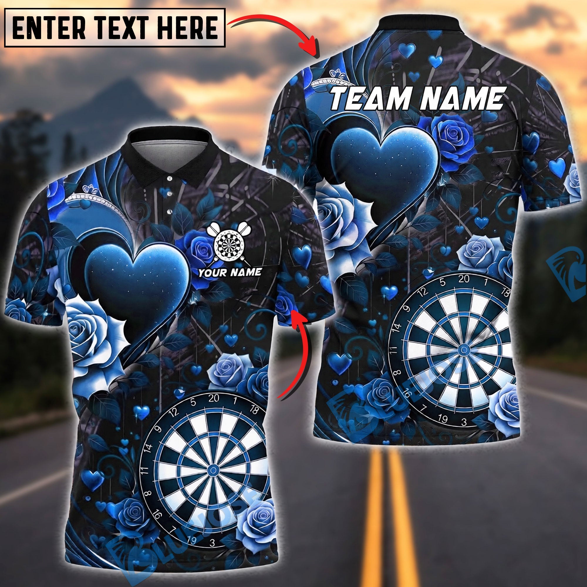 BlueJose Darts Love Heart & Rose Gothic Design Personalized Name, Team Name Unisex Shirt (4 Colors)