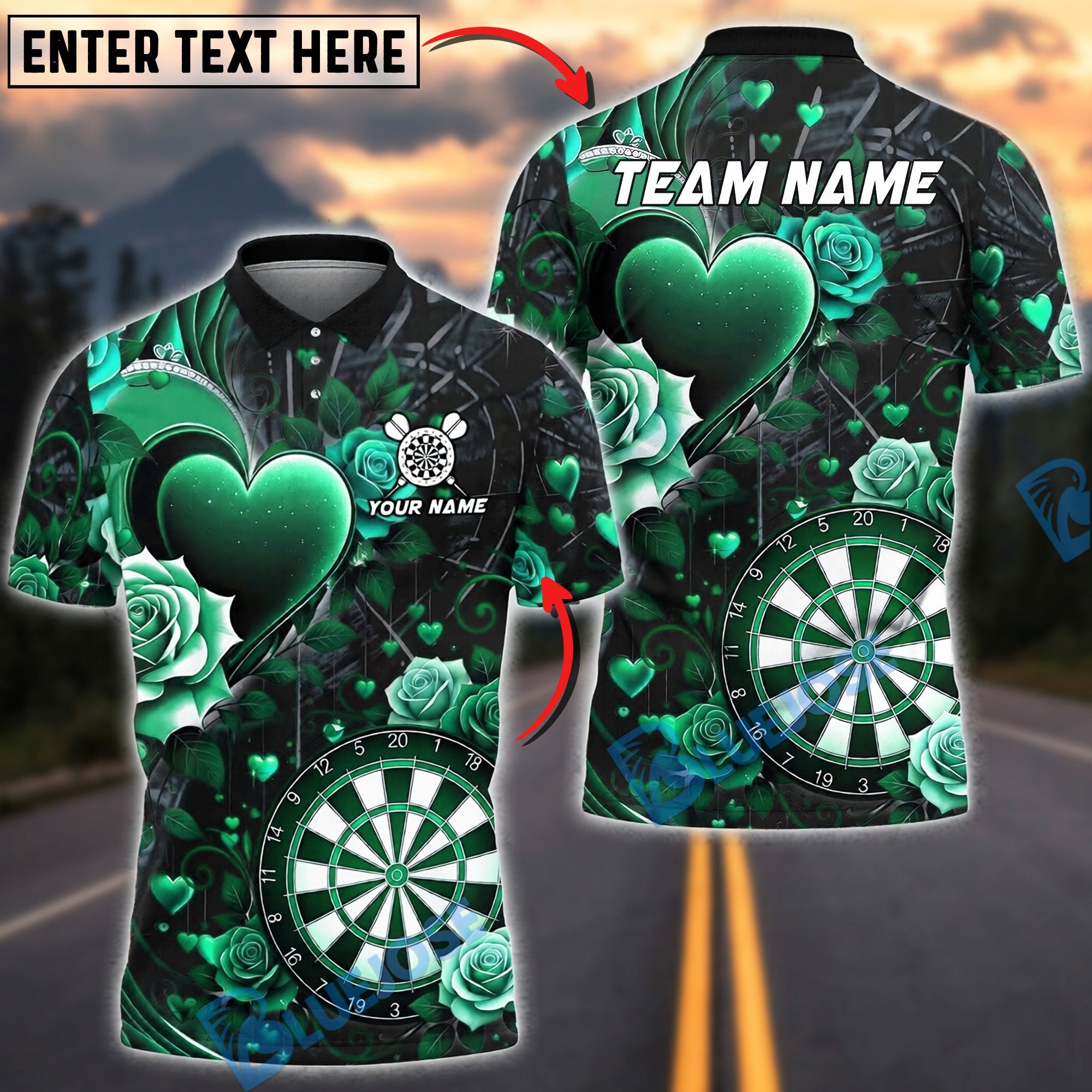 BlueJose Darts Love Heart & Rose Gothic Design Personalized Name, Team Name Unisex Shirt (4 Colors)