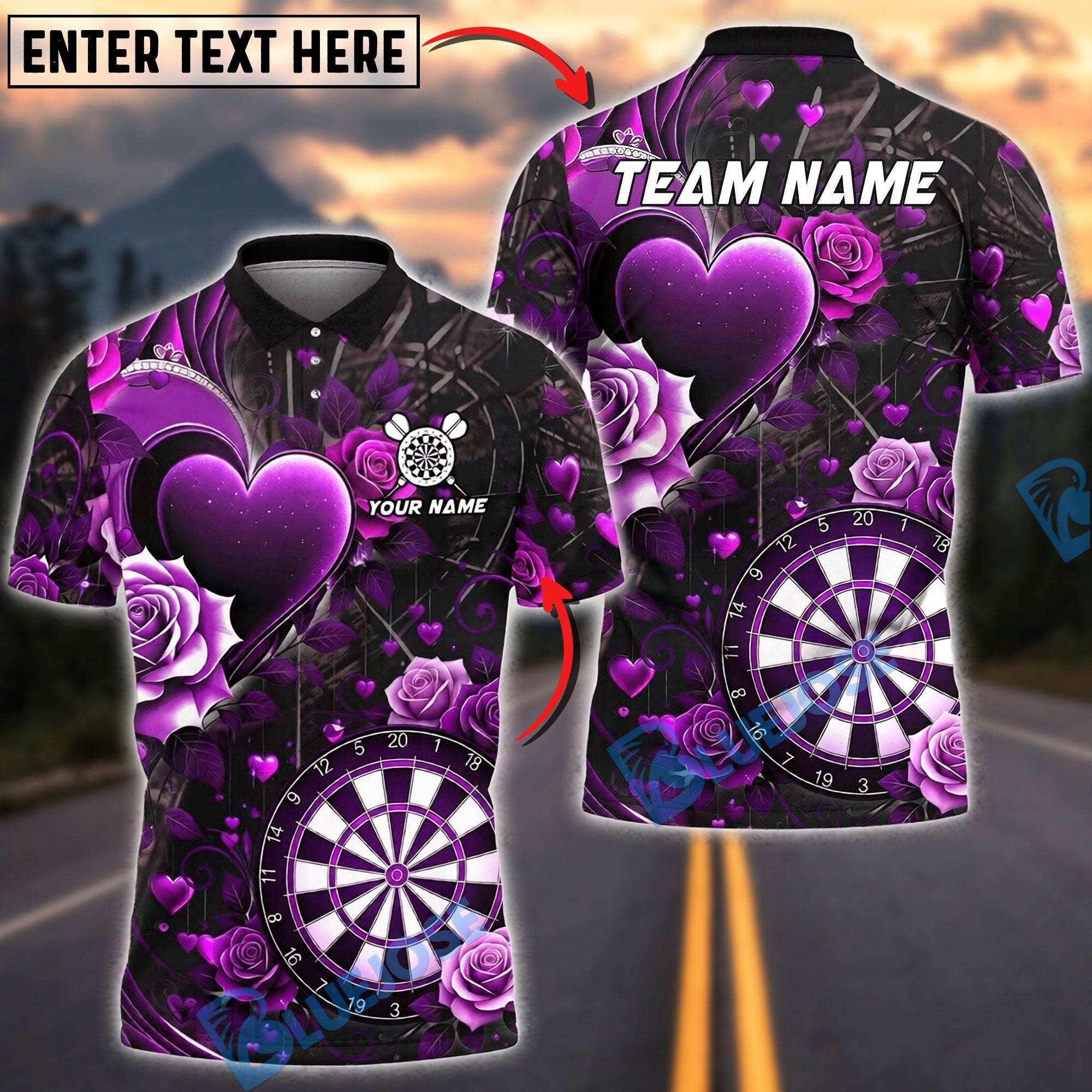 BlueJose Darts Love Heart & Rose Gothic Design Personalized Name, Team Name Unisex Shirt (4 Colors)