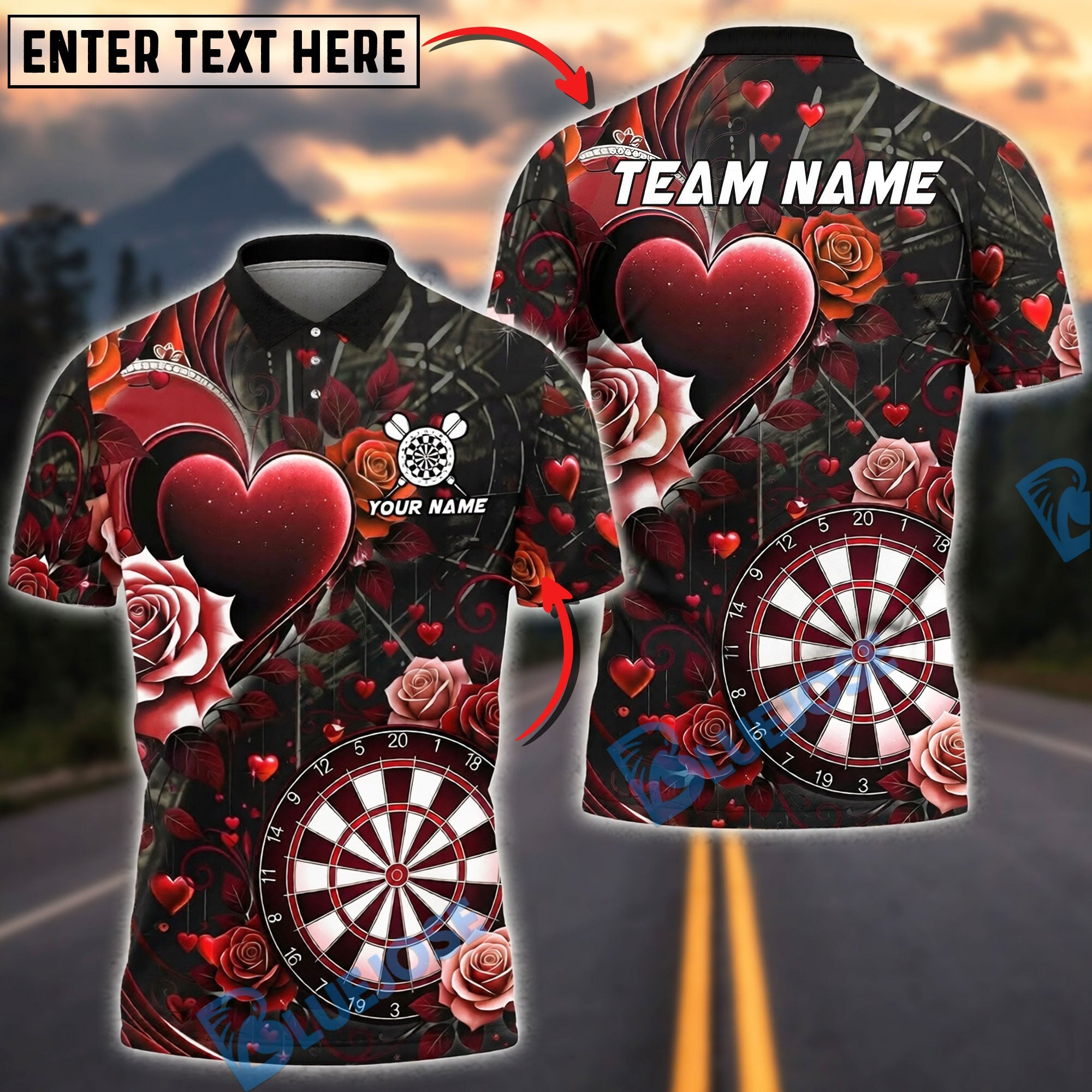 BlueJose Darts Love Heart & Rose Gothic Design Personalized Name, Team Name Unisex Shirt (4 Colors)