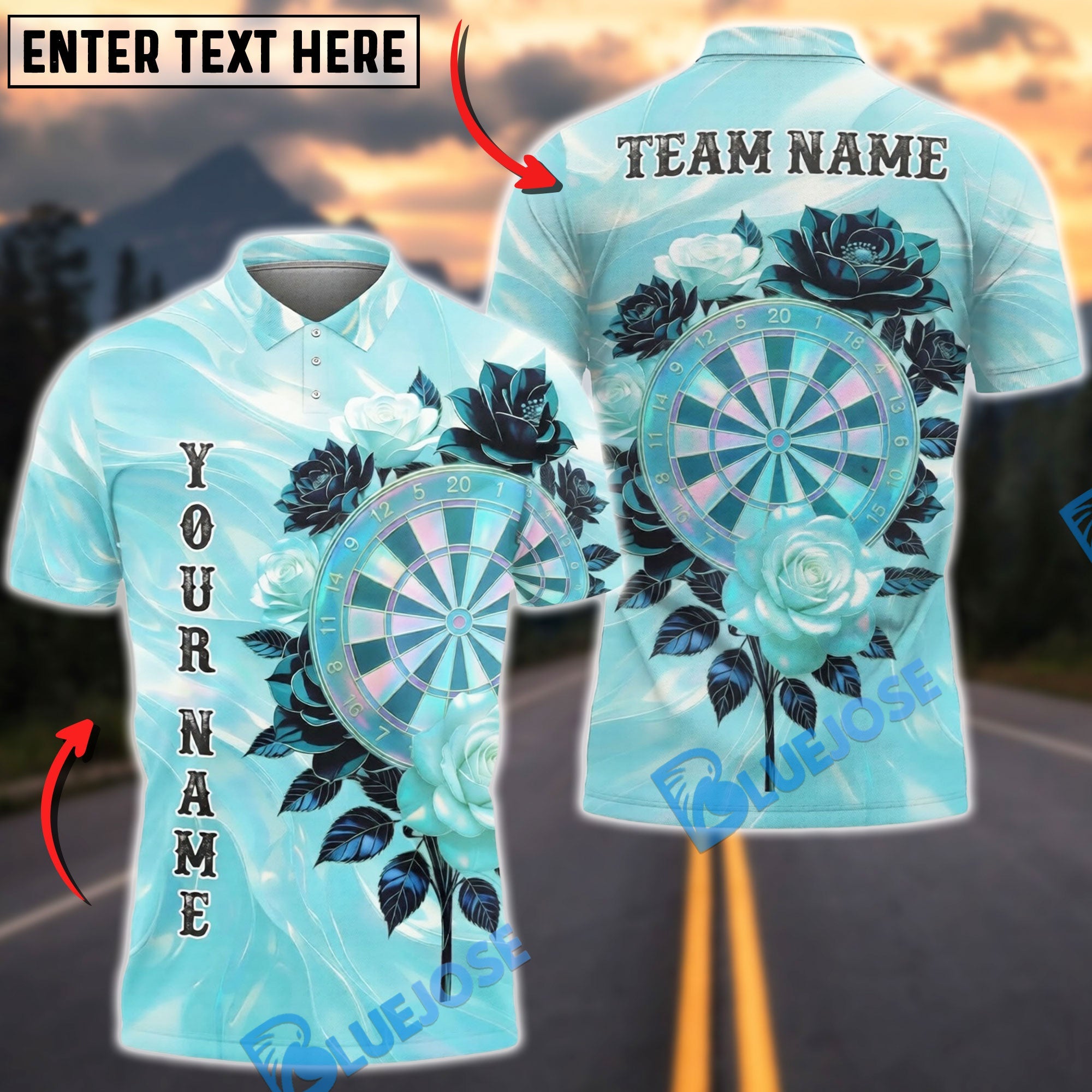 BlueJose Darts Elegant Floral Dartboard Pearl Gradient Design Personalized Name, Team Name Unisex Shirt (4 Colors)