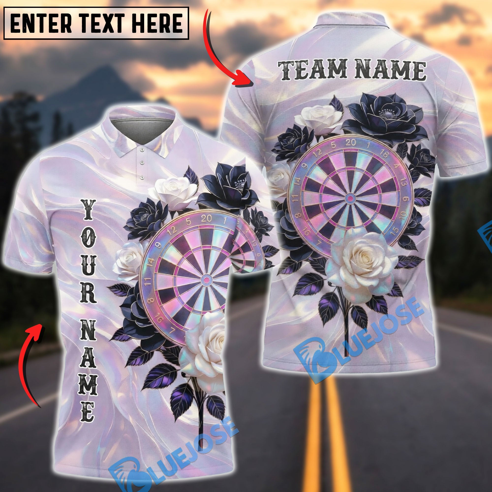 BlueJose Darts Elegant Floral Dartboard Pearl Gradient Design Personalized Name, Team Name Unisex Shirt (4 Colors)