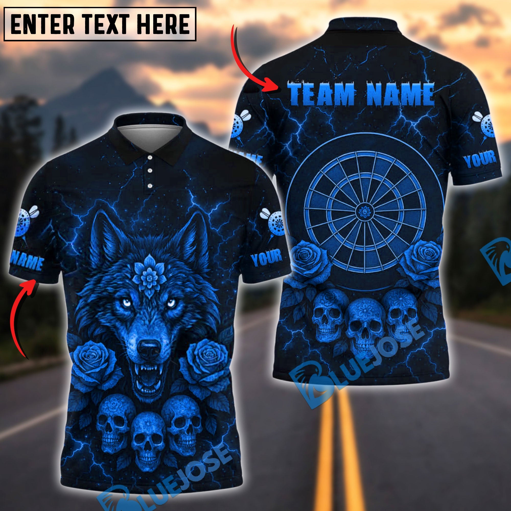 BlueJose Darts Gothic Wolf Skull Thunder Multicolor Options Personalized Name Shirt (4 Colors)