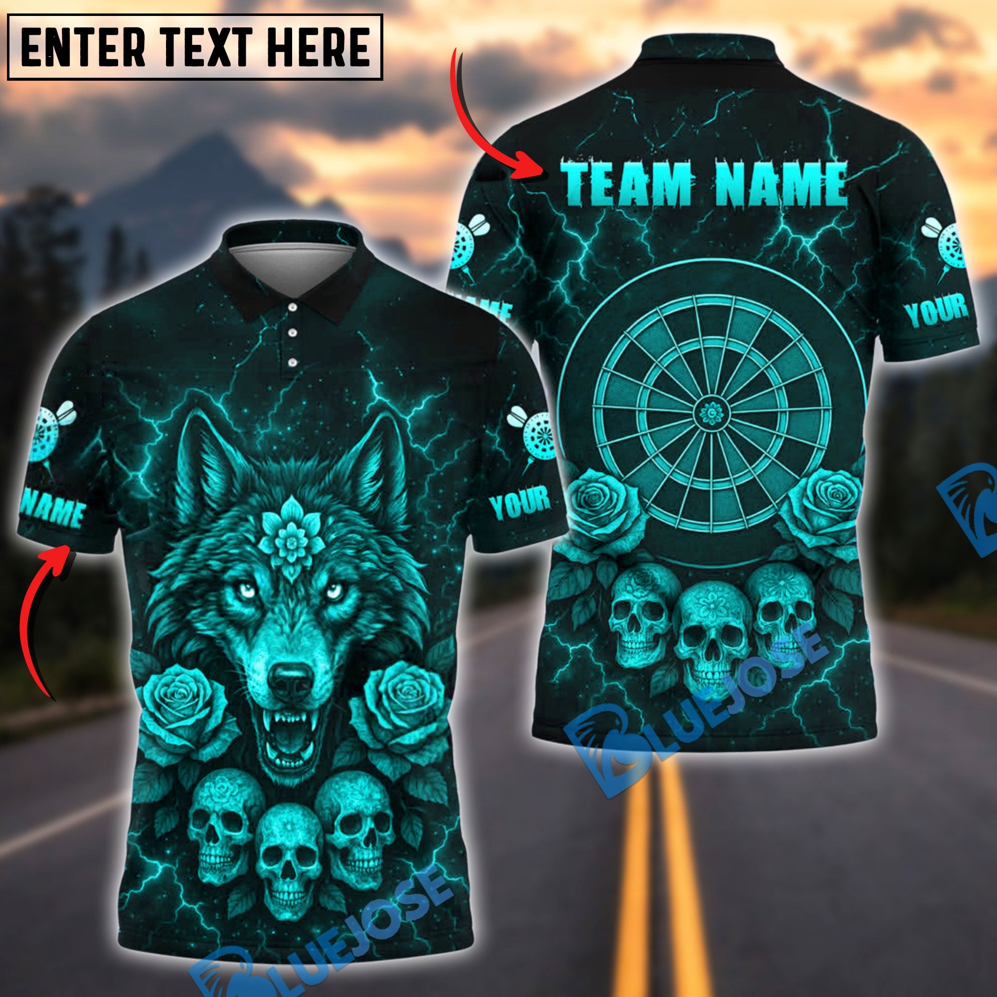 BlueJose Darts Gothic Wolf Skull Thunder Multicolor Options Personalized Name Shirt (4 Colors)